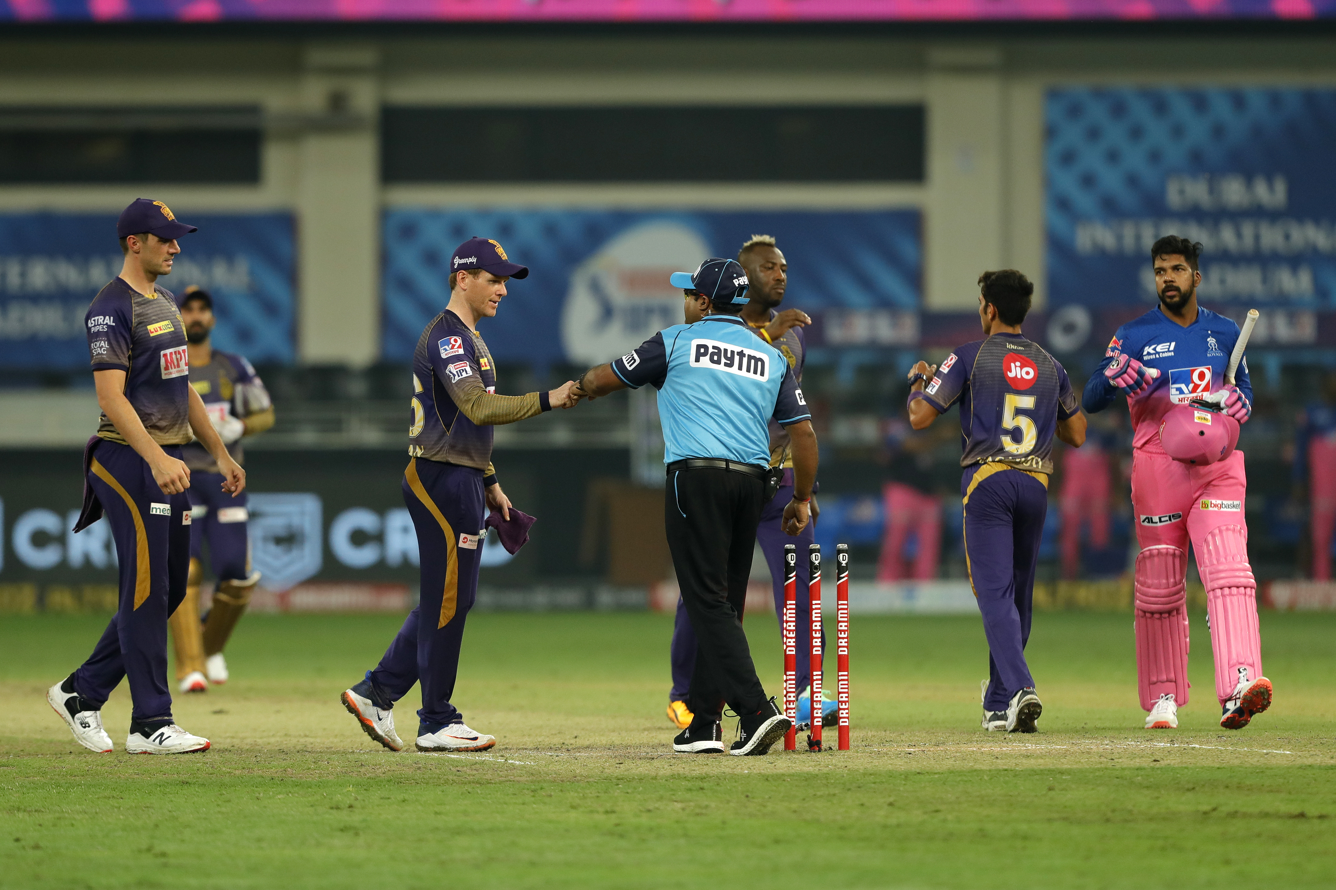 The Kolkata Knight Riders  celebrates the win during match 54 of season 13 of the Dream 11 Indian Premier League (IPL) between the Kolkata Knight Riders and the Rajasthan Royals held at the Dubai International Cricket Stadium, Dubai in the United Arab Emirates on the 1st November 2020.  Photo by: Saikat Das  / Sportzpics for BCCI