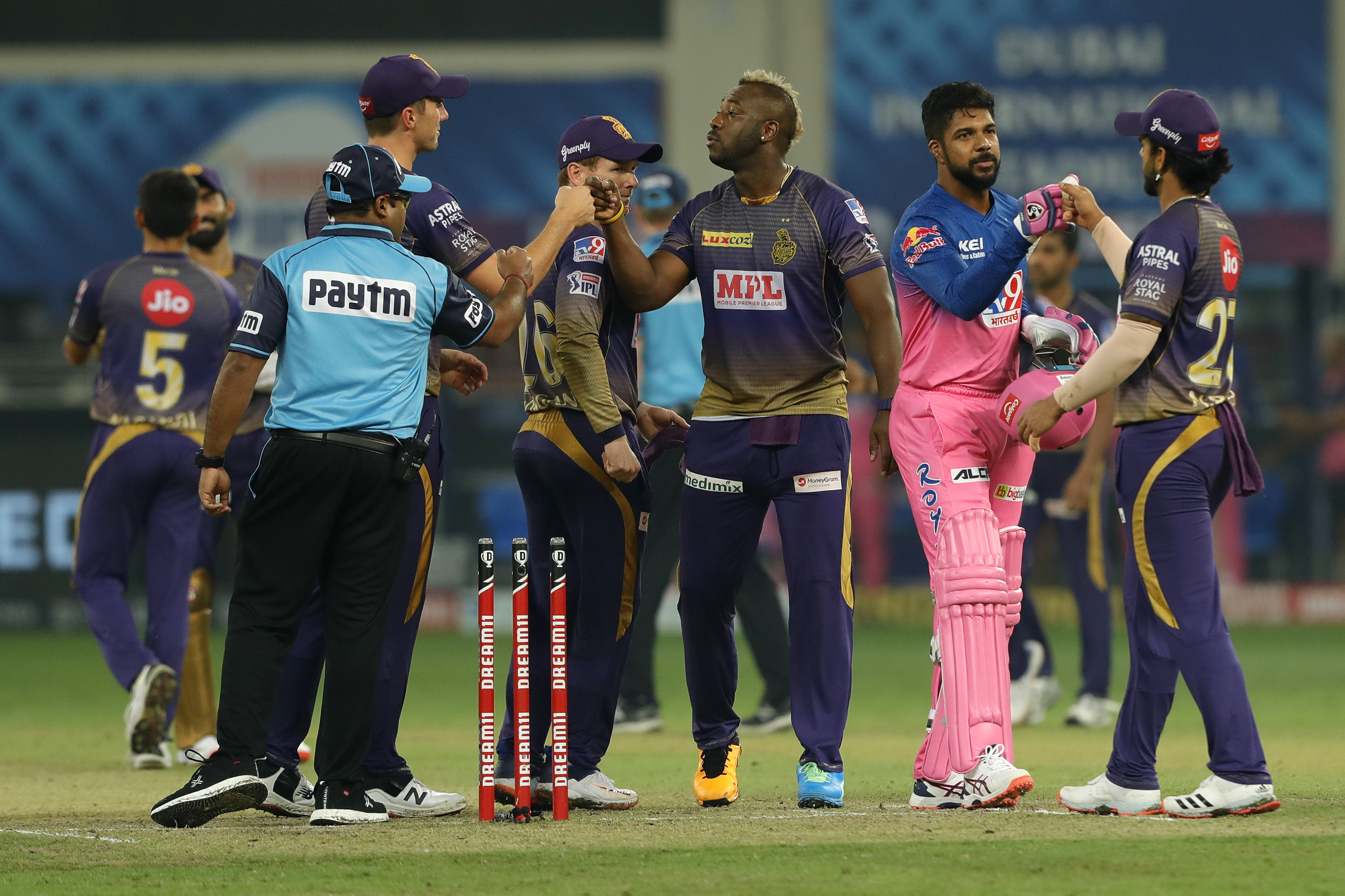 The Kolkata Knight Riders  celebrates the win during match 54 of season 13 of the Dream 11 Indian Premier League (IPL) between the Kolkata Knight Riders and the Rajasthan Royals held at the Dubai International Cricket Stadium, Dubai in the United Arab Emirates on the 1st November 2020.  Photo by: Saikat Das  / Sportzpics for BCCI