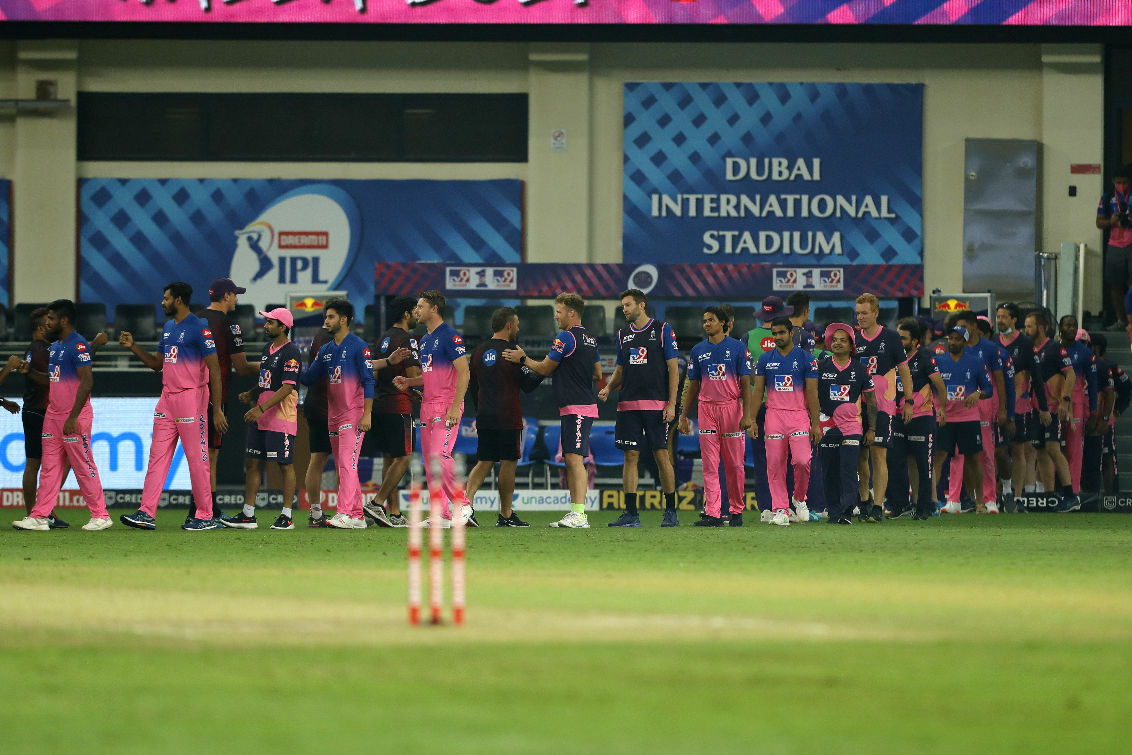 The Kolkata Knight Riders  celebrates the win during match 54 of season 13 of the Dream 11 Indian Premier League (IPL) between the Kolkata Knight Riders and the Rajasthan Royals held at the Dubai International Cricket Stadium, Dubai in the United Arab Emirates on the 1st November 2020.  Photo by: Saikat Das  / Sportzpics for BCCI
