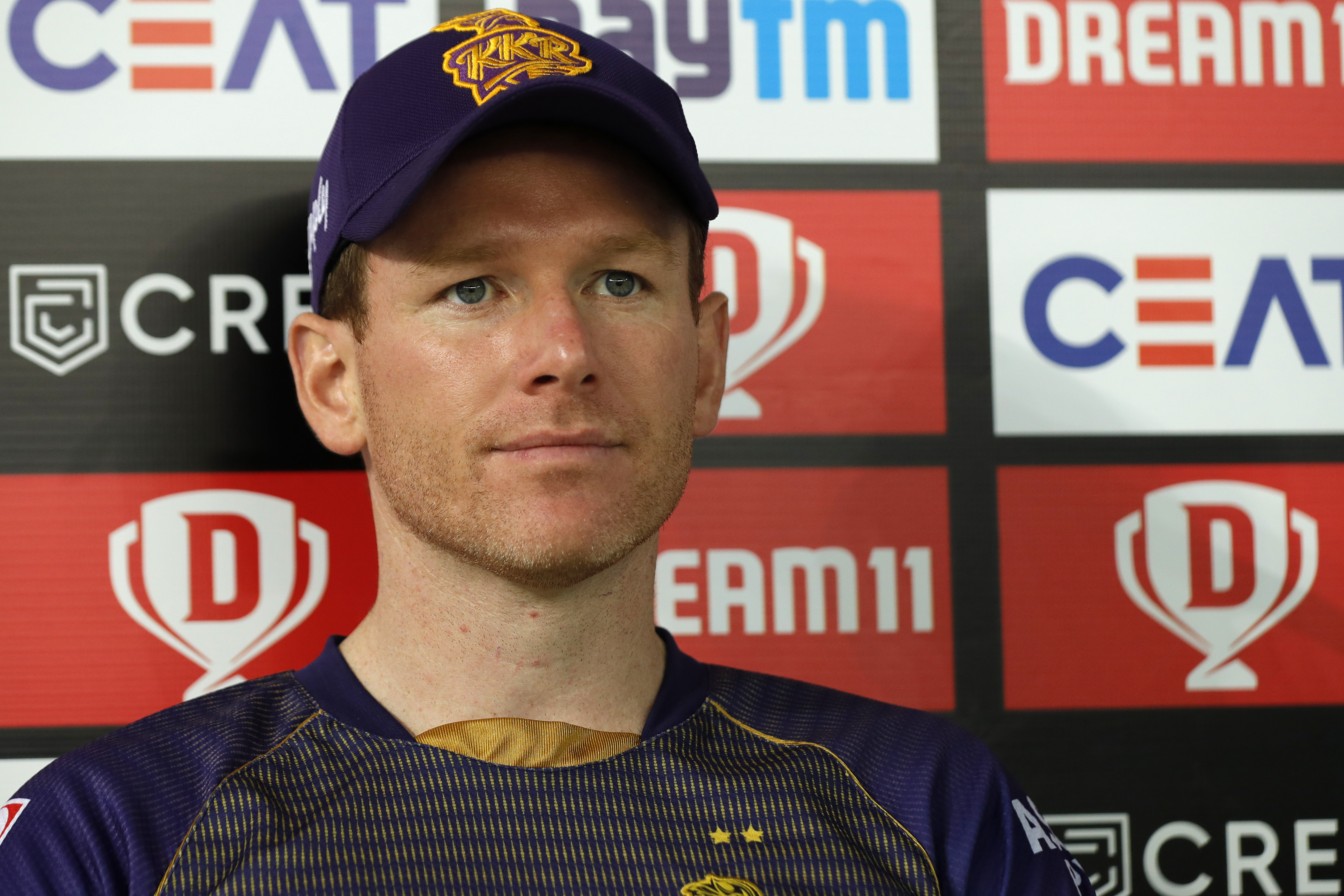 Eoin Morgan, captain of Kolkata Knight Riders  at PC during match 54 of season 13 of the Dream 11 Indian Premier League (IPL) between the Kolkata Knight Riders and the Rajasthan Royals held at the Dubai International Cricket Stadium, Dubai in the United Arab Emirates on the 1st November 2020.  Photo by: Saikat Das  / Sportzpics for BCCI