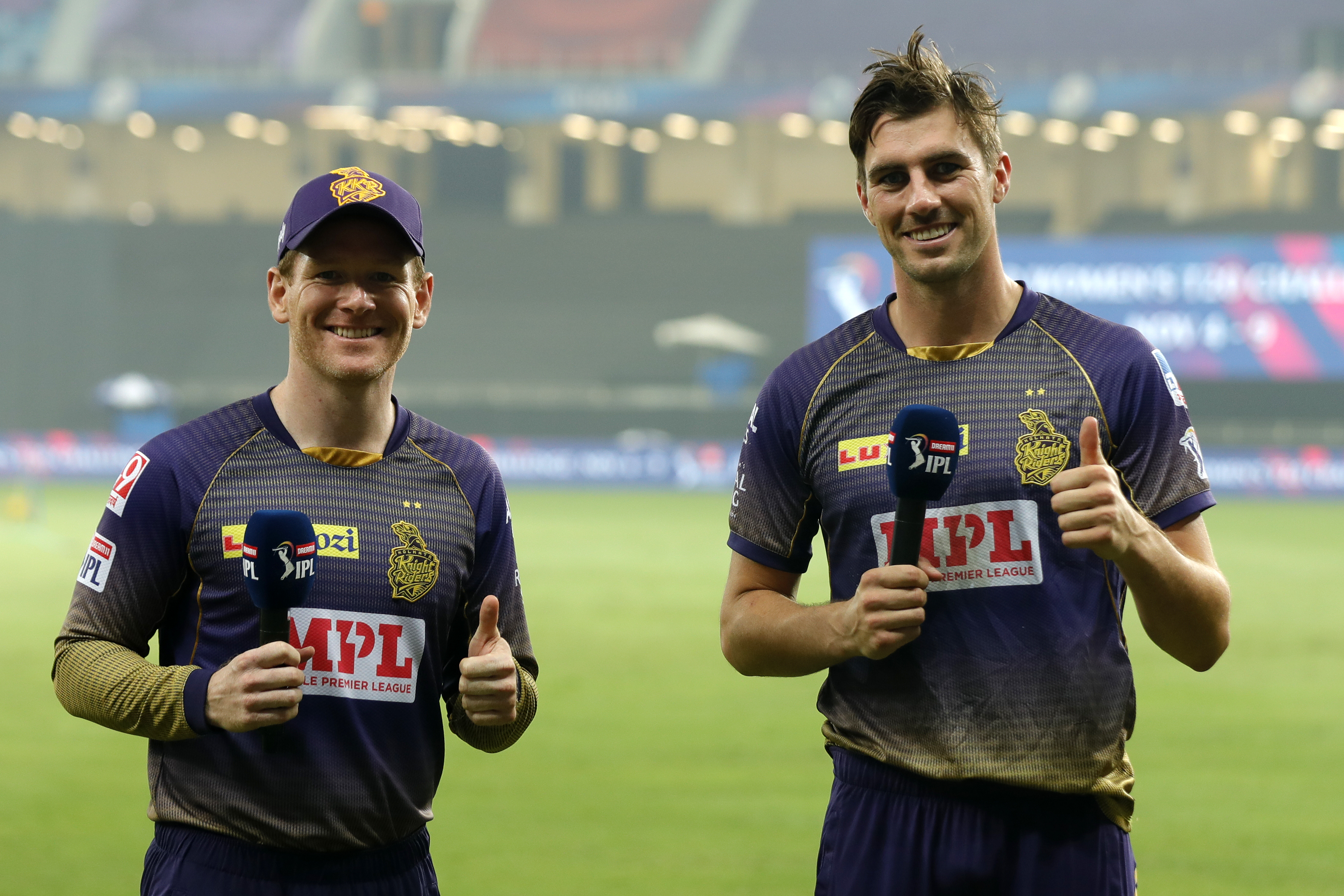 Eoin Morgan, captain of Kolkata Knight Riders  and Pat Cummins of Kolkata Knight Riders  at social media chat during match 54 of season 13 of the Dream 11 Indian Premier League (IPL) between the Kolkata Knight Riders and the Rajasthan Royals held at the Dubai International Cricket Stadium, Dubai in the United Arab Emirates on the 1st November 2020.  Photo by: Saikat Das  / Sportzpics for BCCI