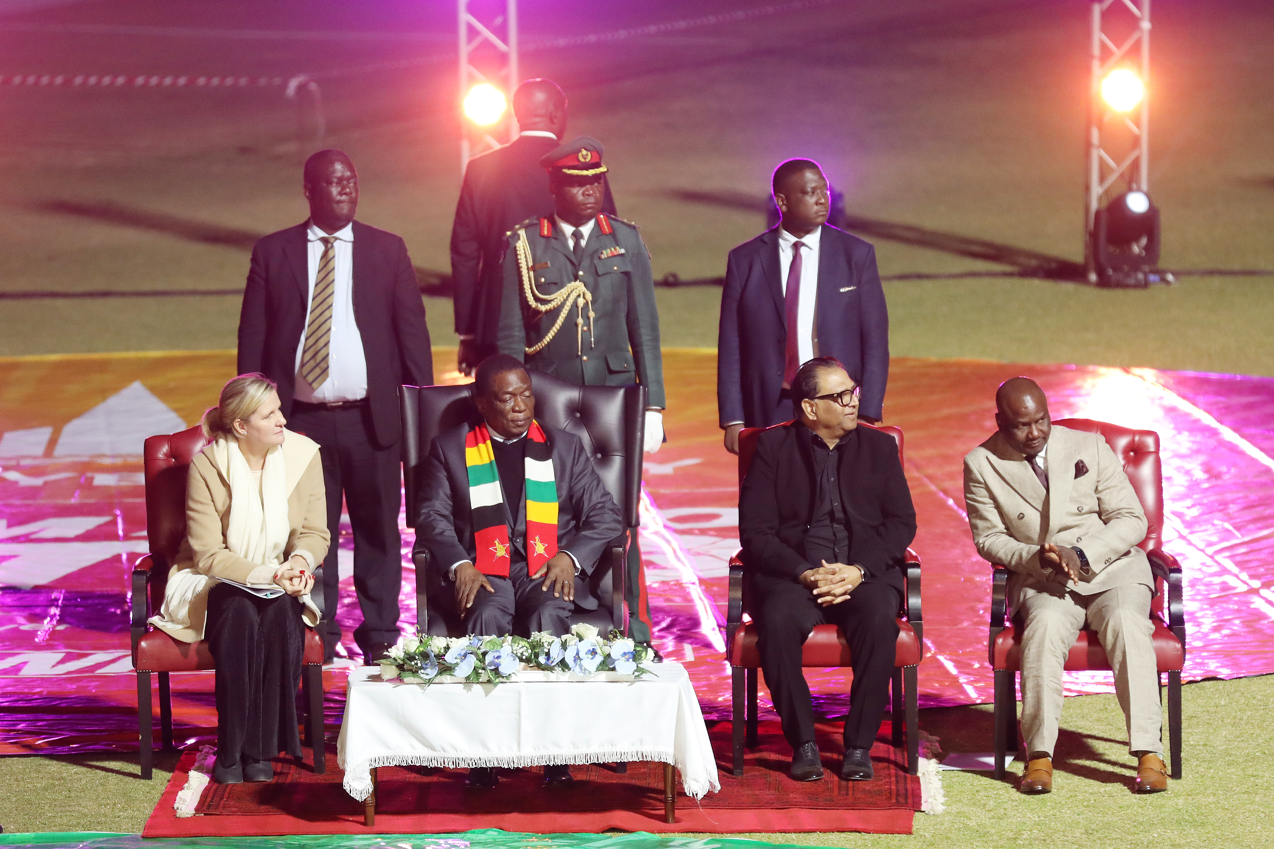 The Founder & Chairman of T Ten Sports Management & T Ten Global Sports, the visionary Nawab Shaji Ul Mulk, Hon. Dr Kirsty Coventry - Minister of Youth Sports Arts and Recreation, Zimbabwe, Hon. Dr Tavengwa Mukuhlani - Chairman, Zimbabwe Cricket, The President of the Republic of Zimbabwe Cde Dr Emmerson Dambudzo Mnangagwa during Opening Ceremony of the Zim Afro T10 League at the Harare Sports Club in the Zimbabwe on the 20th July 2023Photo by: Saikat Das / ACEIMAGES for Zim Afro T10