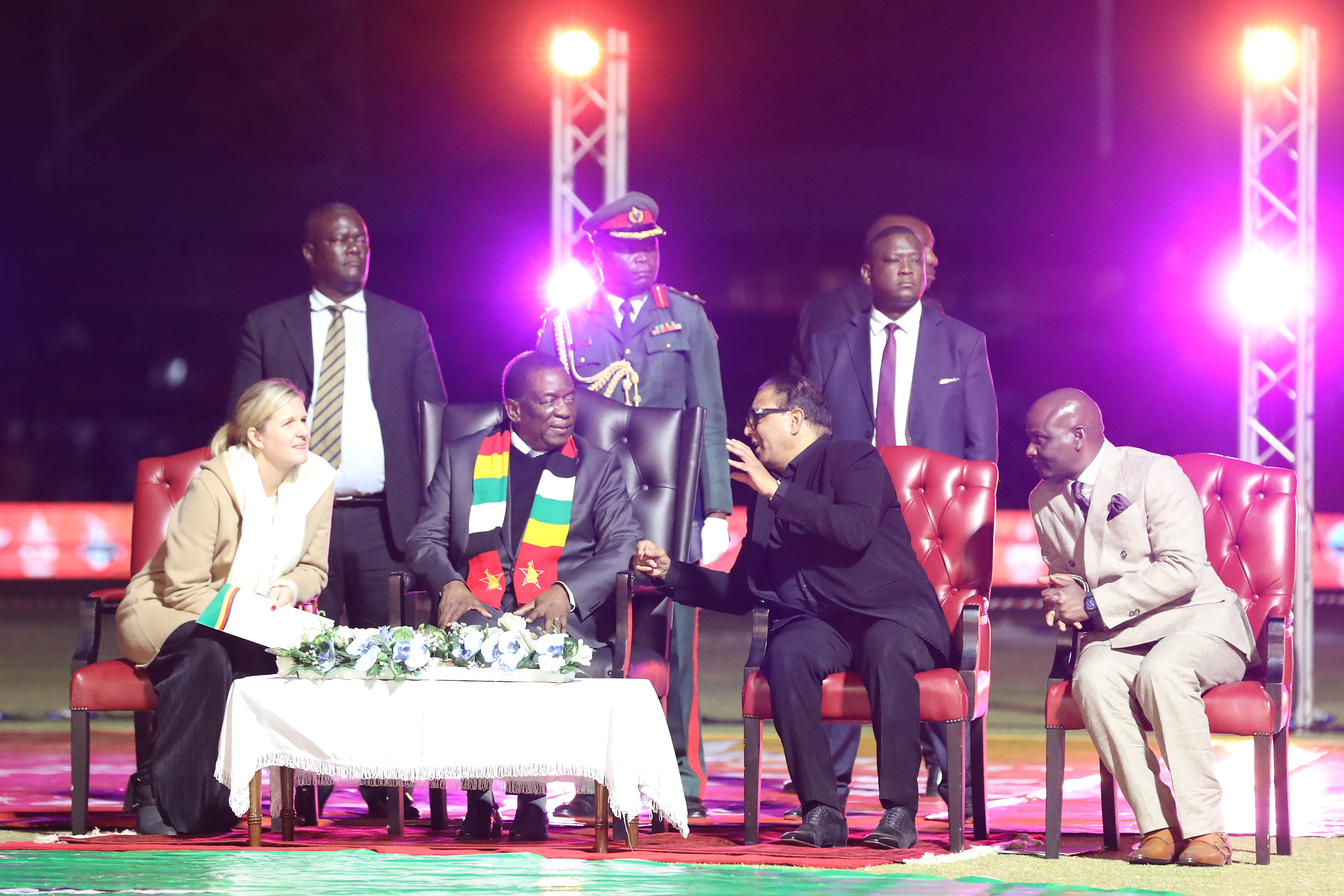 The Founder & Chairman of T Ten Sports Management & T Ten Global Sports, the visionary Nawab Shaji Ul Mulk, Hon. Dr Kirsty Coventry - Minister of Youth Sports Arts and Recreation, Zimbabwe, Hon. Dr Tavengwa Mukuhlani - Chairman, Zimbabwe Cricket, The President of the Republic of Zimbabwe Cde Dr Emmerson Dambudzo Mnangagwa during Opening Ceremony of the Zim Afro T10 League at the Harare Sports Club in the Zimbabwe on the 20th July 2023Photo by: Saikat Das / ACEIMAGES for Zim Afro T10