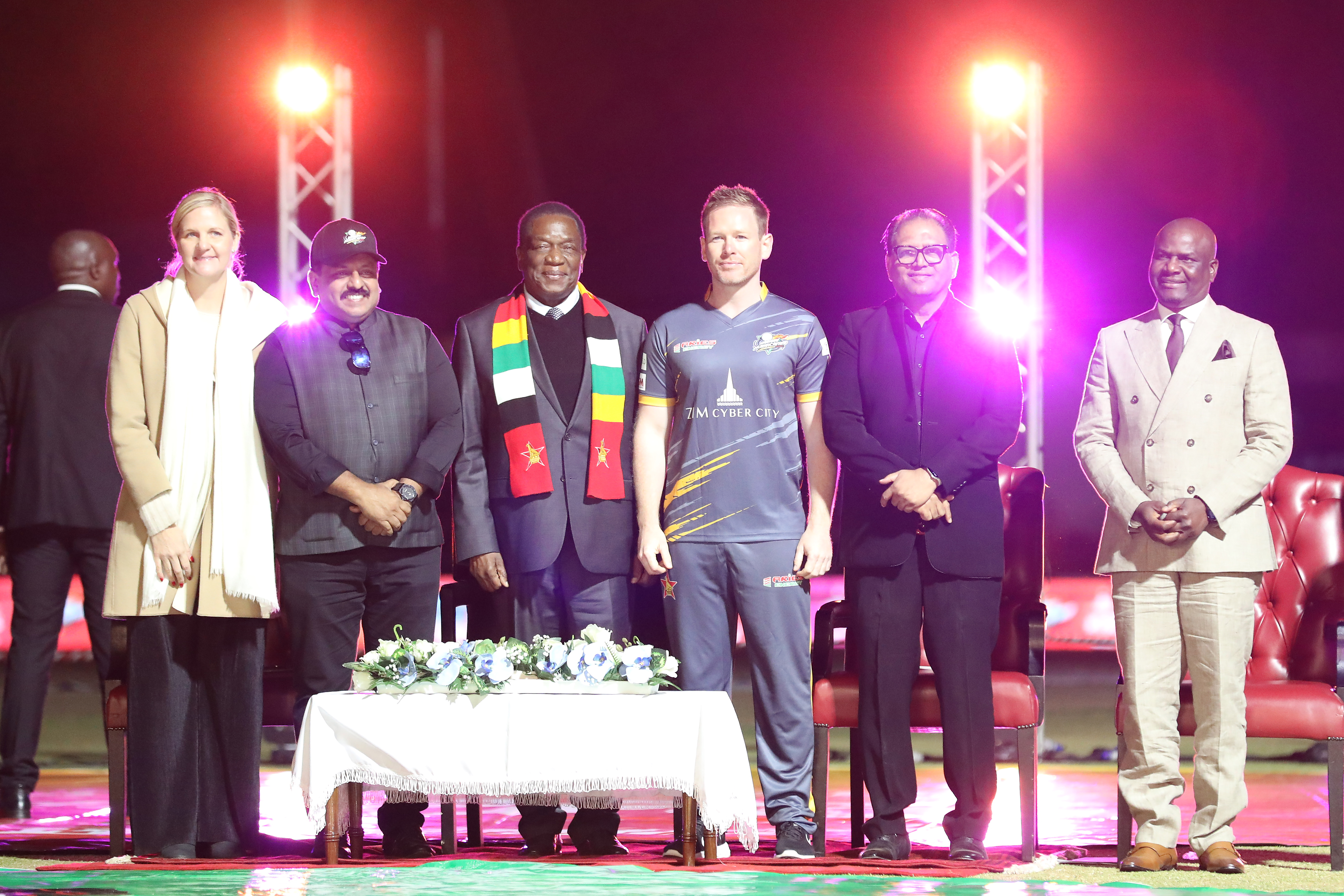 The Founder & Chairman of T Ten Sports Management & T Ten Global Sports, the visionary Nawab Shaji Ul Mulk, Hon. Dr Kirsty Coventry - Minister of Youth Sports Arts and Recreation, Zimbabwe, Hon. Dr Tavengwa Mukuhlani - Chairman, Zimbabwe Cricket, Emerson Mnangagwa The President of the Republic of Zimbabwe Cde Dr Emmerson Dambudzo Mnangagwa with Eoin Morgan (c) of Harare Hurricanes during Opening Ceremony of the Zim Afro T10 League at the Harare Sports Club in the Zimbabwe on the 20th July 2023Photo by: Saikat Das / ACEIMAGES for Zim Afro T10
