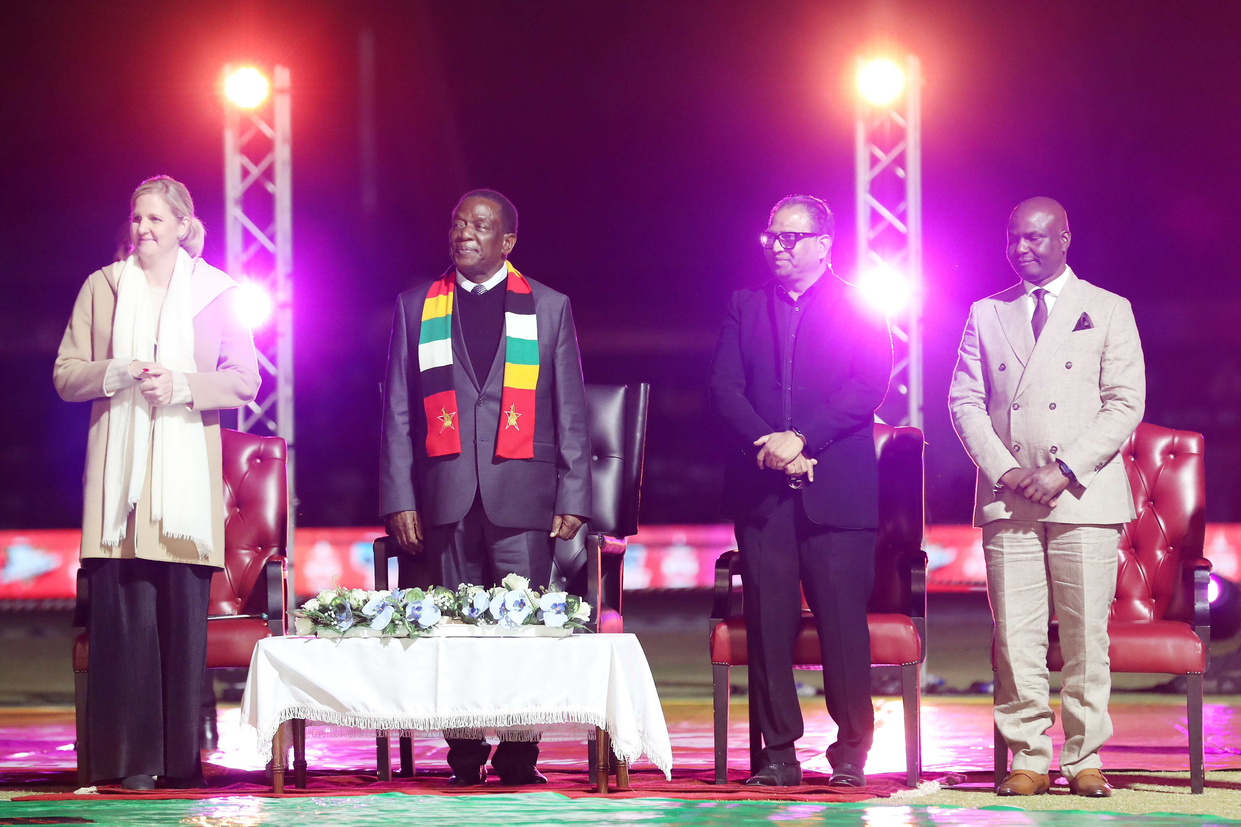 The Founder & Chairman of T Ten Sports Management & T Ten Global Sports, the visionary Nawab Shaji Ul Mulk, Hon. Dr Kirsty Coventry - Minister of Youth Sports Arts and Recreation, Zimbabwe, Hon. Dr Tavengwa Mukuhlani - Chairman, Zimbabwe Cricket, The President of the Republic of Zimbabwe Cde Dr Emmerson Dambudzo Mnangagwa during Opening Ceremony of the Zim Afro T10 League at the Harare Sports Club in the Zimbabwe on the 20th July 2023Photo by: Saikat Das / ACEIMAGES for Zim Afro T10