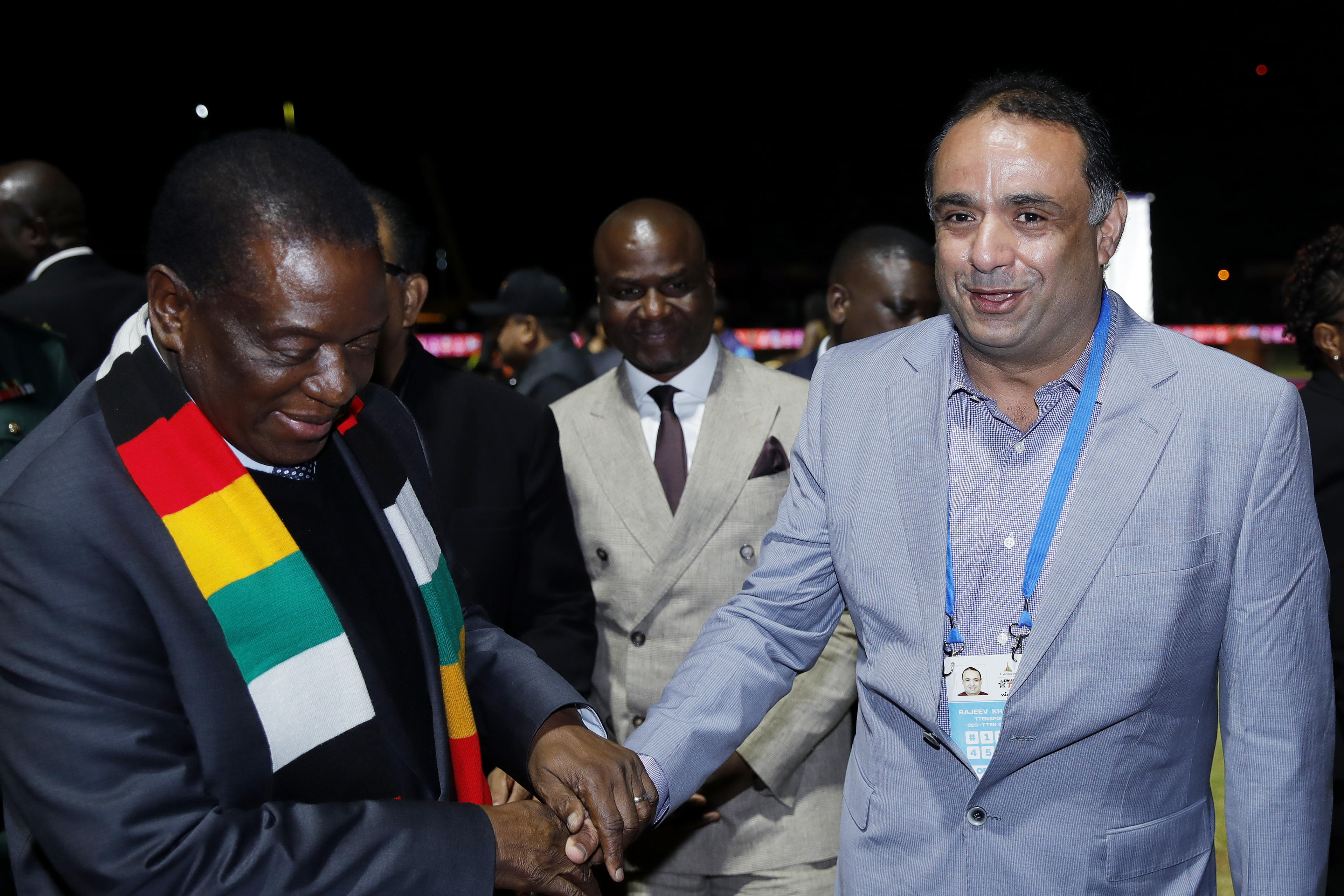 Rajeev Khanna appointed as COO of Ttensports with The President of the Republic of Zimbabwe Cde Dr EmmersonDambudzo Mnangagwa during Opening Ceremony of the Zim Afro T10 League at the Harare Sports Club in the Zimbabwe on the 20th July 2023Photo by: Saikat Das / ACEIMAGES for Zim Afro T10