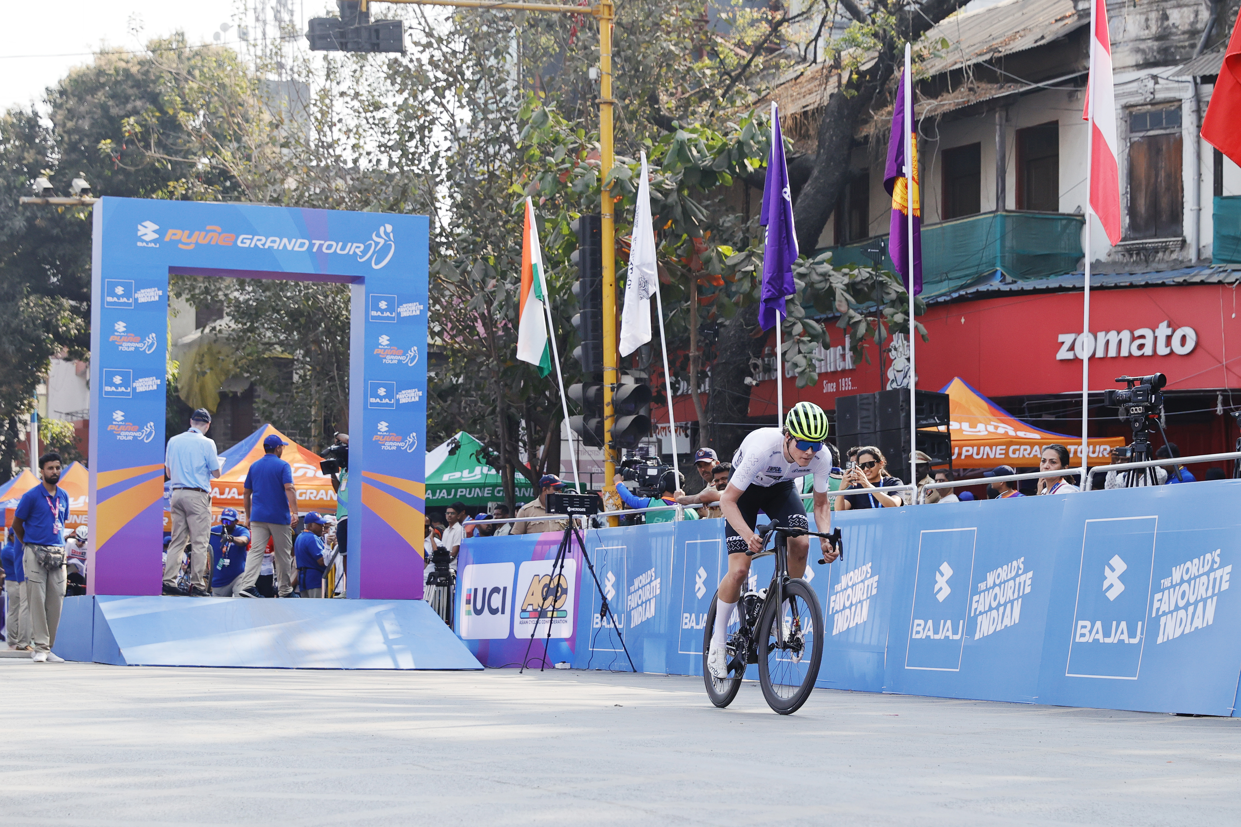 Riders zoom past through the city during the peloton of the Pune Grand Tour 2026 held in the City of Pune on the 19th January 2026.  The Pune Grand Tour marks India’s first entry into the global professional cycling calendar.   Owing to its UCI classification the PGT2026 will offer riders the opportunity to earn valuable ranking points that count toward qualification for the LA 2028 Summer Olympics.Photo by s Saikat Das / Sportzpics / PGT