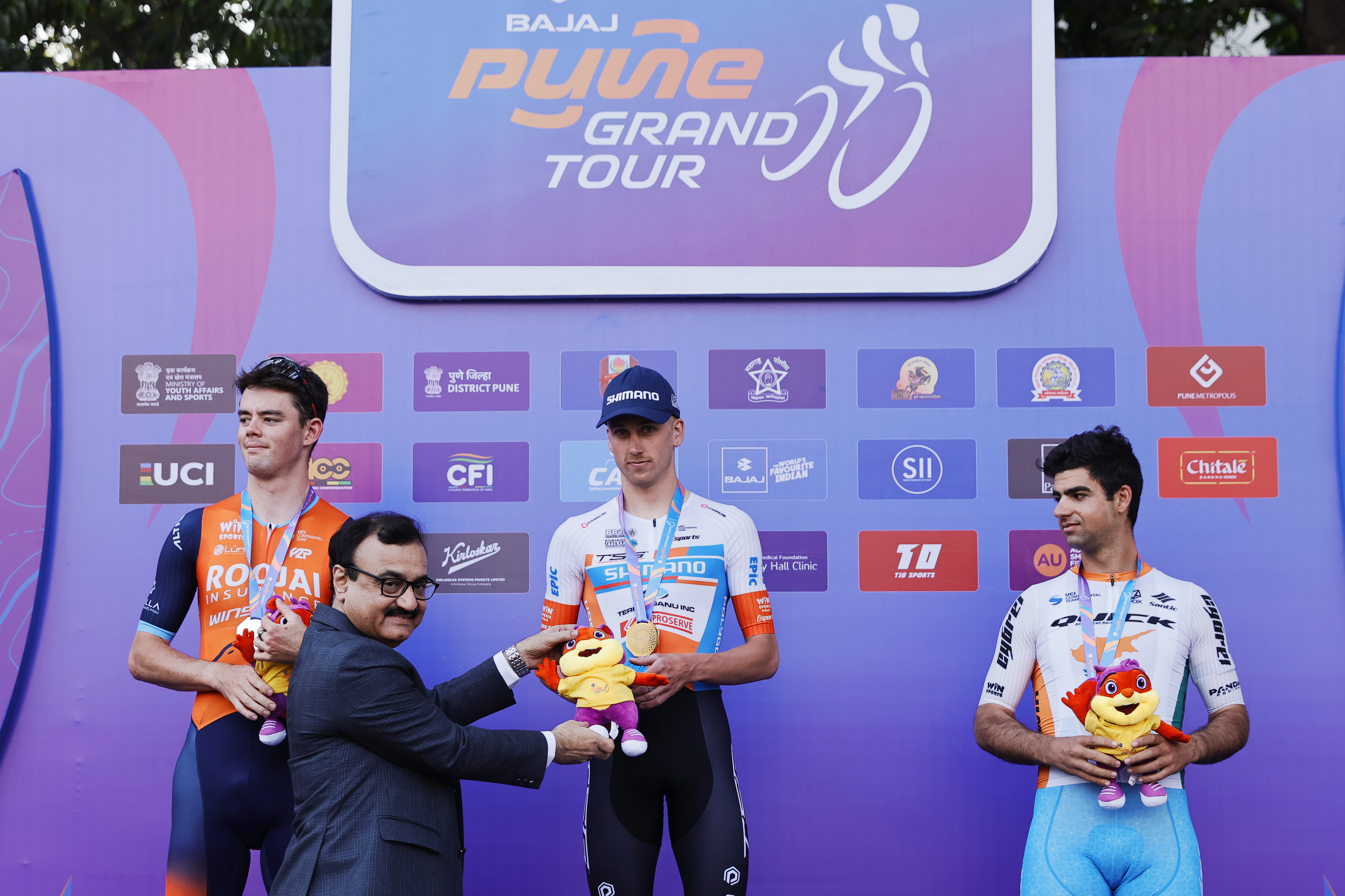 Stage winner Browning Fergus , 2nd placed rider on stage Hopkins Dylan, 3rd placed rider Miltiadis Andreas during the peloton of the Pune Grand Tour 2026 held in the City of Pune on the 19th January 2026.  The Pune Grand Tour marks India’s first entry into the global professional cycling calendar.   Owing to its UCI classification the PGT2026 will offer riders the opportunity to earn valuable ranking points that count toward qualification for the LA 2028 Summer Olympics.Photo by s Saikat Das / Sportzpics / PGT