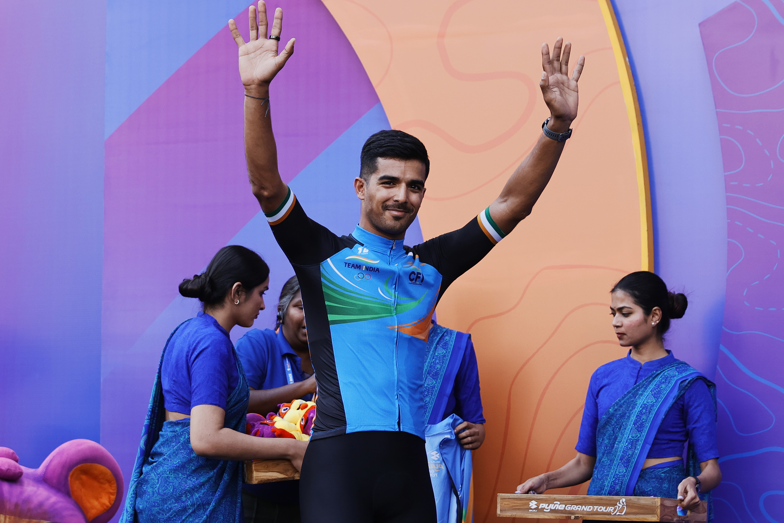 Best Indian rider , Sekhon during the peloton of the Pune Grand Tour 2026 held in the City of Pune on the 19th January 2026.  The Pune Grand Tour marks India’s first entry into the global professional cycling calendar.   Owing to its UCI classification the PGT2026 will offer riders the opportunity to earn valuable ranking points that count toward qualification for the LA 2028 Summer Olympics.Photo by s Saikat Das / Sportzpics / PGT