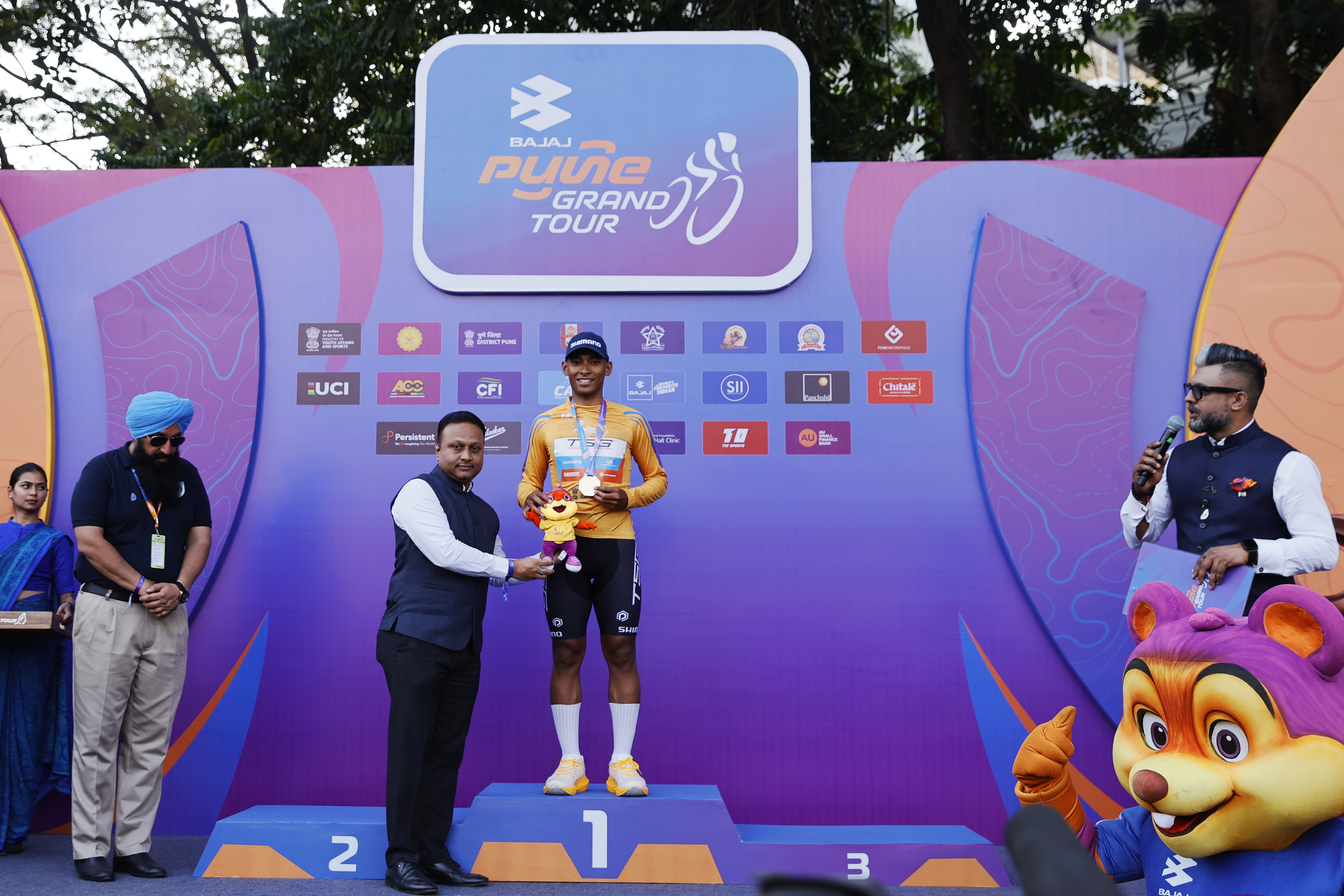 Best Asian Rider Leader (Orange Joursey) Rosli Md Our Aiman during the peloton of the Pune Grand Tour 2026 held in the City of Pune on the 19th January 2026.  The Pune Grand Tour marks India’s first entry into the global professional cycling calendar.   Owing to its UCI classification the PGT2026 will offer riders the opportunity to earn valuable ranking points that count toward qualification for the LA 2028 Summer Olympics.Photo by s Saikat Das / Sportzpics / PGT