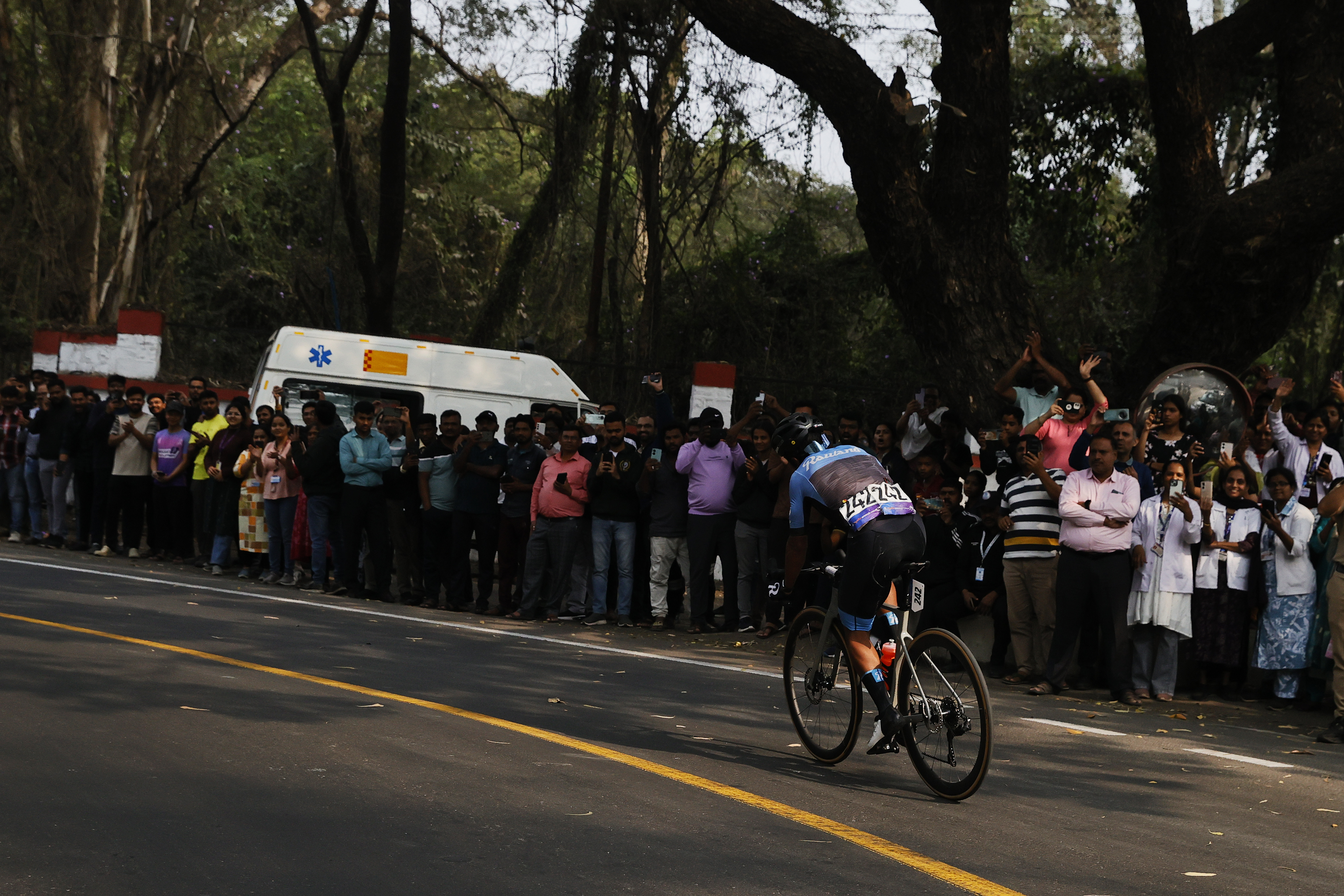 Riders zoom past the country side during stage two of the Bajaj Pune Grand Tour 2026 held in the City of Pune on the 21st January 2026.  The Pune Grand Tour marks India’s first entry into the global professional cycling calendar.   Owing to its UCI classification the PGT2026 will offer riders the opportunity to earn valuable ranking points that count toward qualification for the LA 2028 Summer Olympics.Photo by s Saikat Das /Sportzpics / PGT 2026