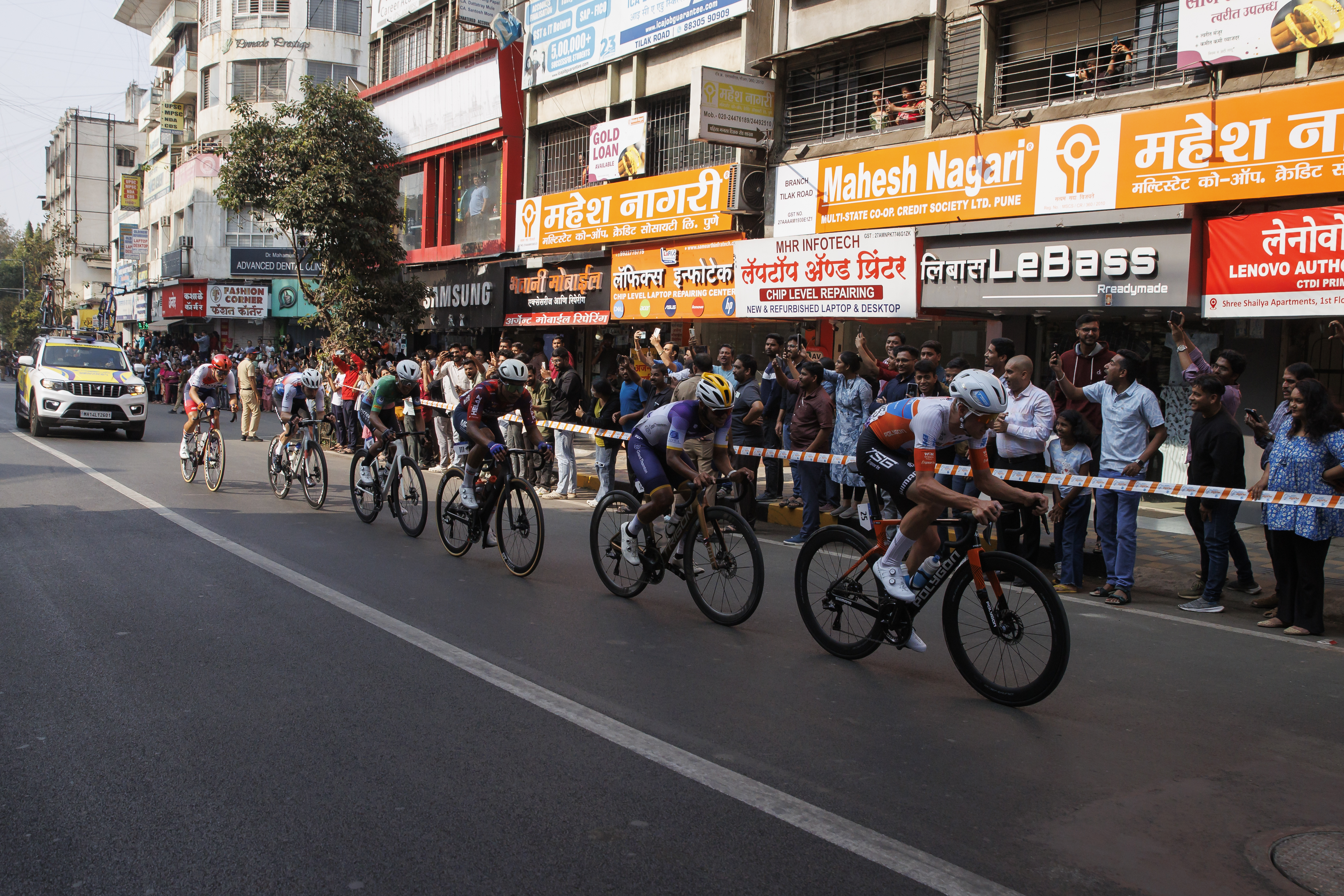 Cyclist zooming past the city during stage four of the Bajaj Pune Grand Tour 2026 held in the City of Pune on the 23rd January 2026.  The Pune Grand Tour marks India’s first entry into the global professional cycling calendar.   Owing to its UCI classification the PGT2026 will offer riders the opportunity to earn valuable ranking points that count toward qualification for the LA 2028 Summer Olympics.Photo by: s Saikat Das / Sportzpics / PGT 2026