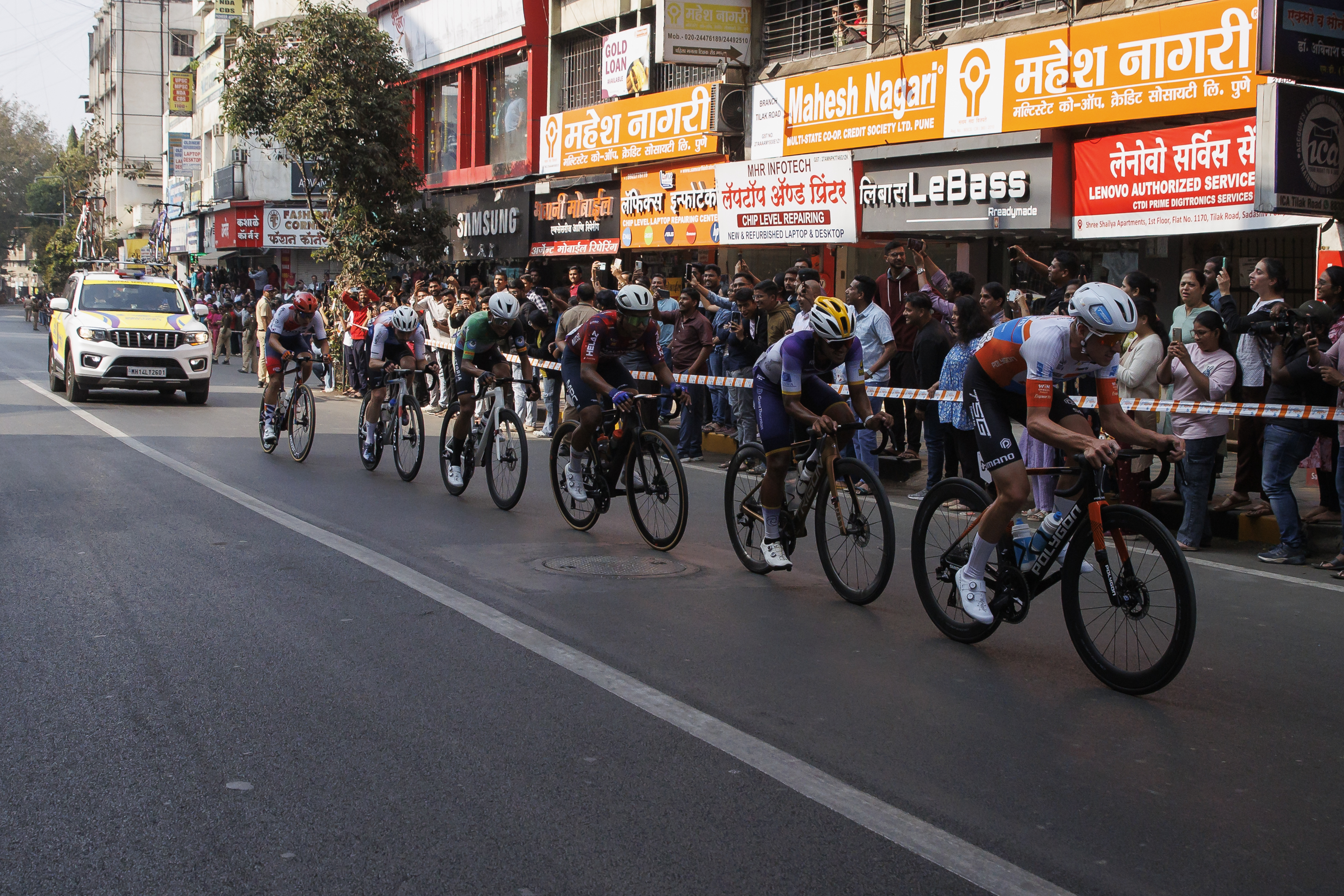 Cyclist zooming past the city during stage four of the Bajaj Pune Grand Tour 2026 held in the City of Pune on the 23rd January 2026.  The Pune Grand Tour marks India’s first entry into the global professional cycling calendar.   Owing to its UCI classification the PGT2026 will offer riders the opportunity to earn valuable ranking points that count toward qualification for the LA 2028 Summer Olympics.Photo by: s Saikat Das / Sportzpics / PGT 2026