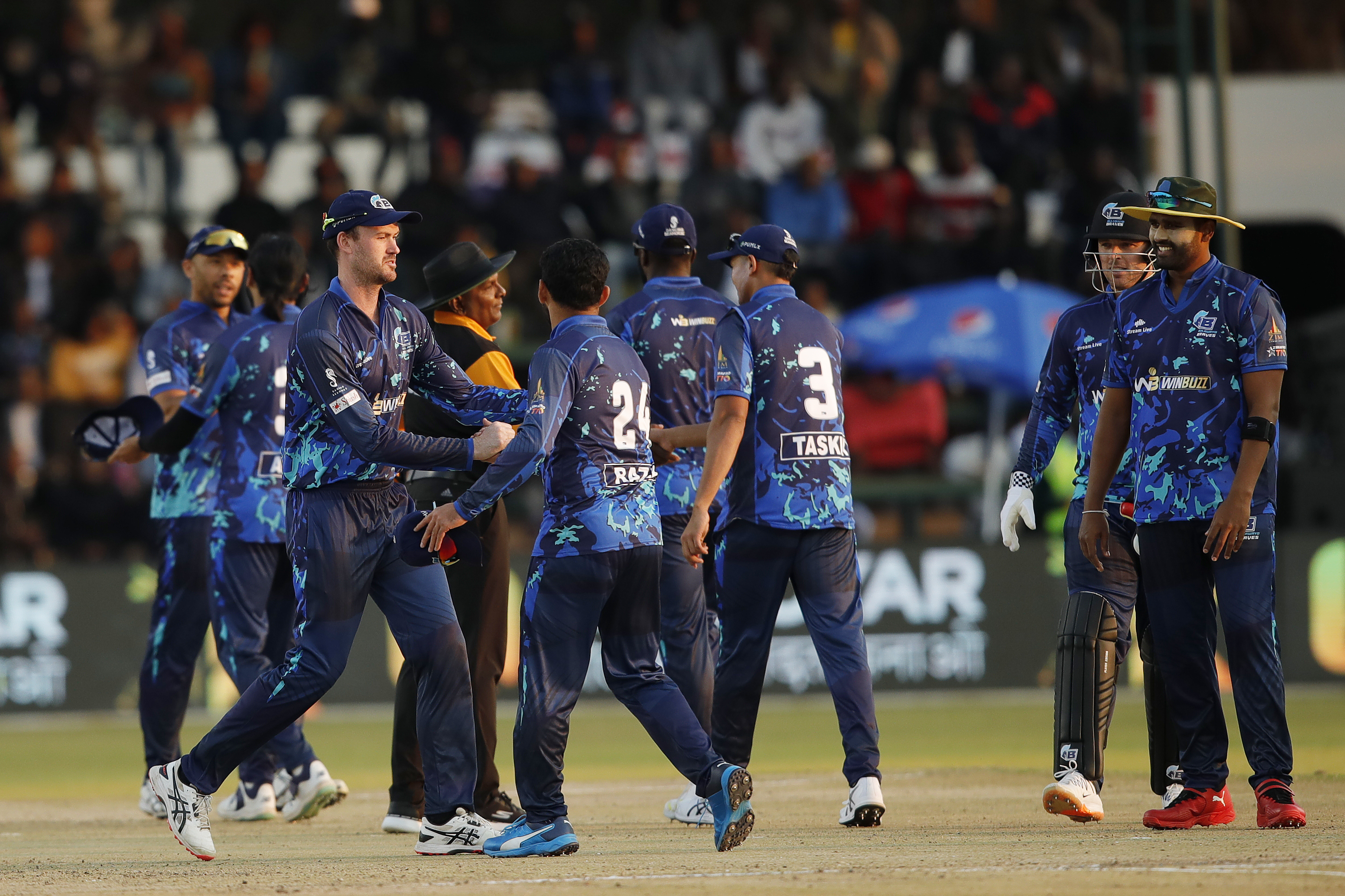 Bulawayo Braves celebrating win during match 1 of the Zim Afro T10 League between the HARARE HURRICANES and the BULAWAYO BRAVES held at the Harare Sports Club in the Zimbabwe on the 21st  July 2023Photo by Saikat Das / ACEIMAGES for Zim Afro T10