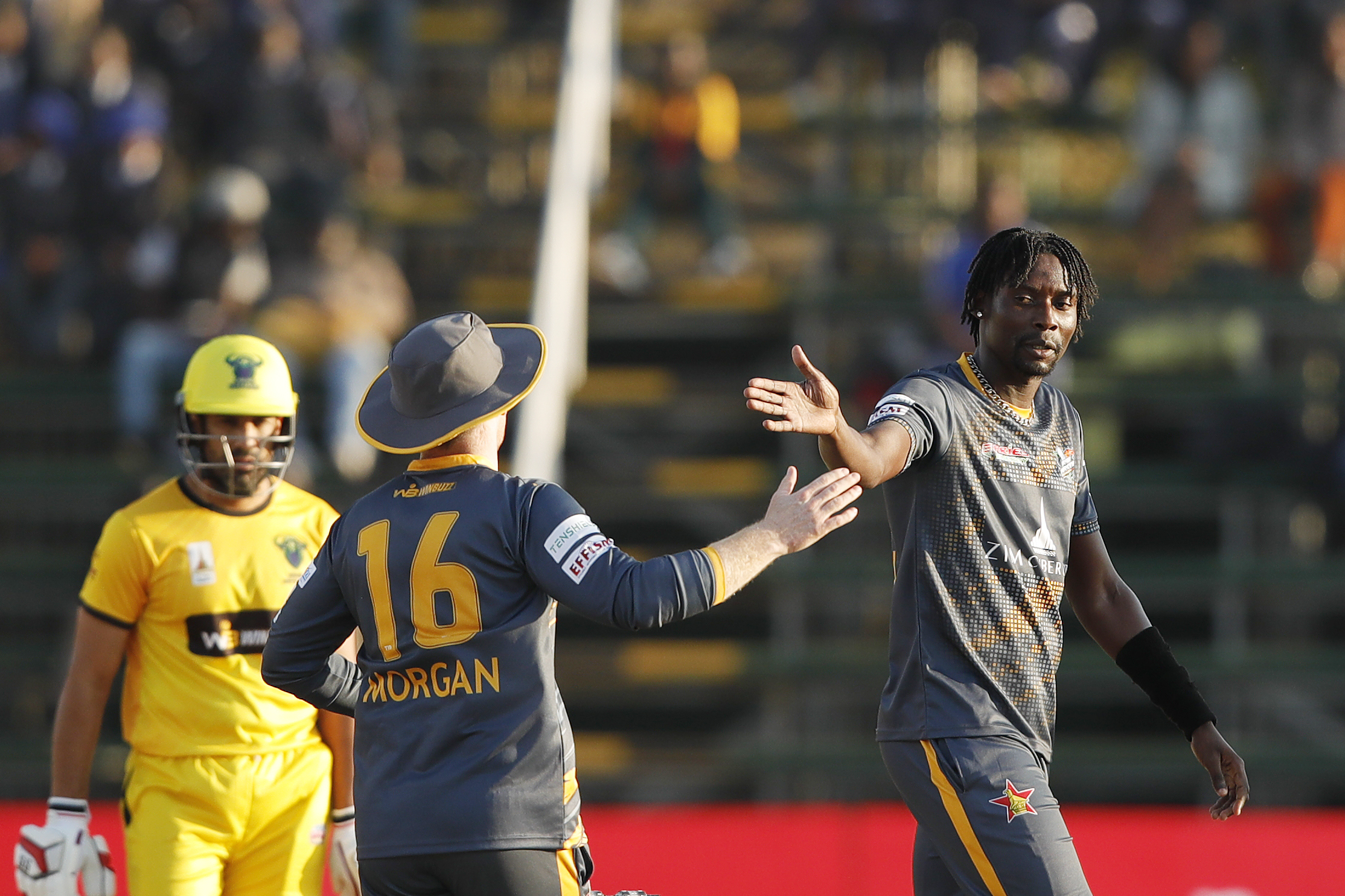 BOBBY CHRISTOPHER MPOFU of Harare Hurricanes celebrating the wicket of Mohamed Hafeez (c) of Joburg Buffaloes during match 10 of the Zim Afro T10 League between the Harare Hurricanes and the Joburg Buffaloes held at the Harare Sports Club in the Zimbabwe on the 24th July 2023Photo by SAIKAT DAS / ACEIMAGES for Zim Afro T10