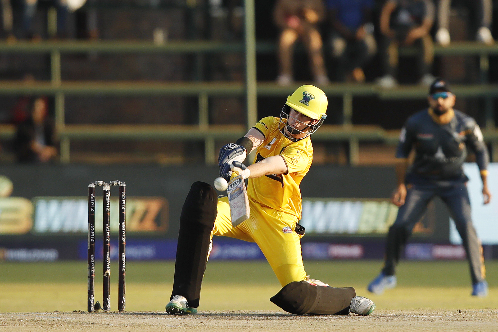 Mathew Campbell of Joburg Buffaloes hitting a four during match 10 of the Zim Afro T10 League between the Harare Hurricanes and the Joburg Buffaloes held at the Harare Sports Club in the Zimbabwe on the 24th July 2023Photo by SAIKAT DAS / ACEIMAGES for Zim Afro T10
