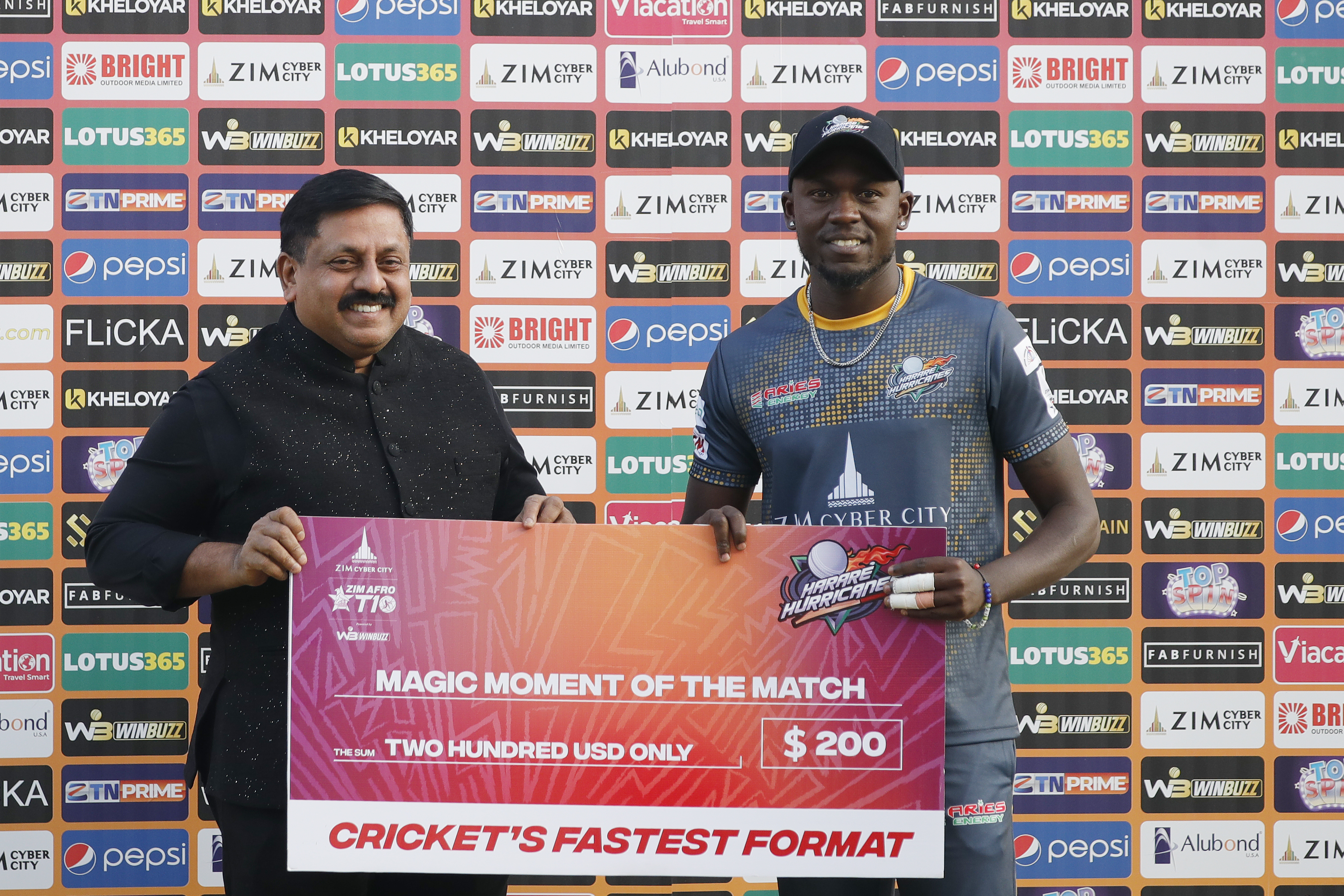 Brandon Mavuta of Harare Hurricanes with Player of the Match award during match 10 of the Zim Afro T10 League between the Harare Hurricanes and the Joburg Buffaloes held at the Harare Sports Club in the Zimbabwe on the 24th July 2023Photo by SAIKAT DAS / ACEIMAGES for Zim Afro T10