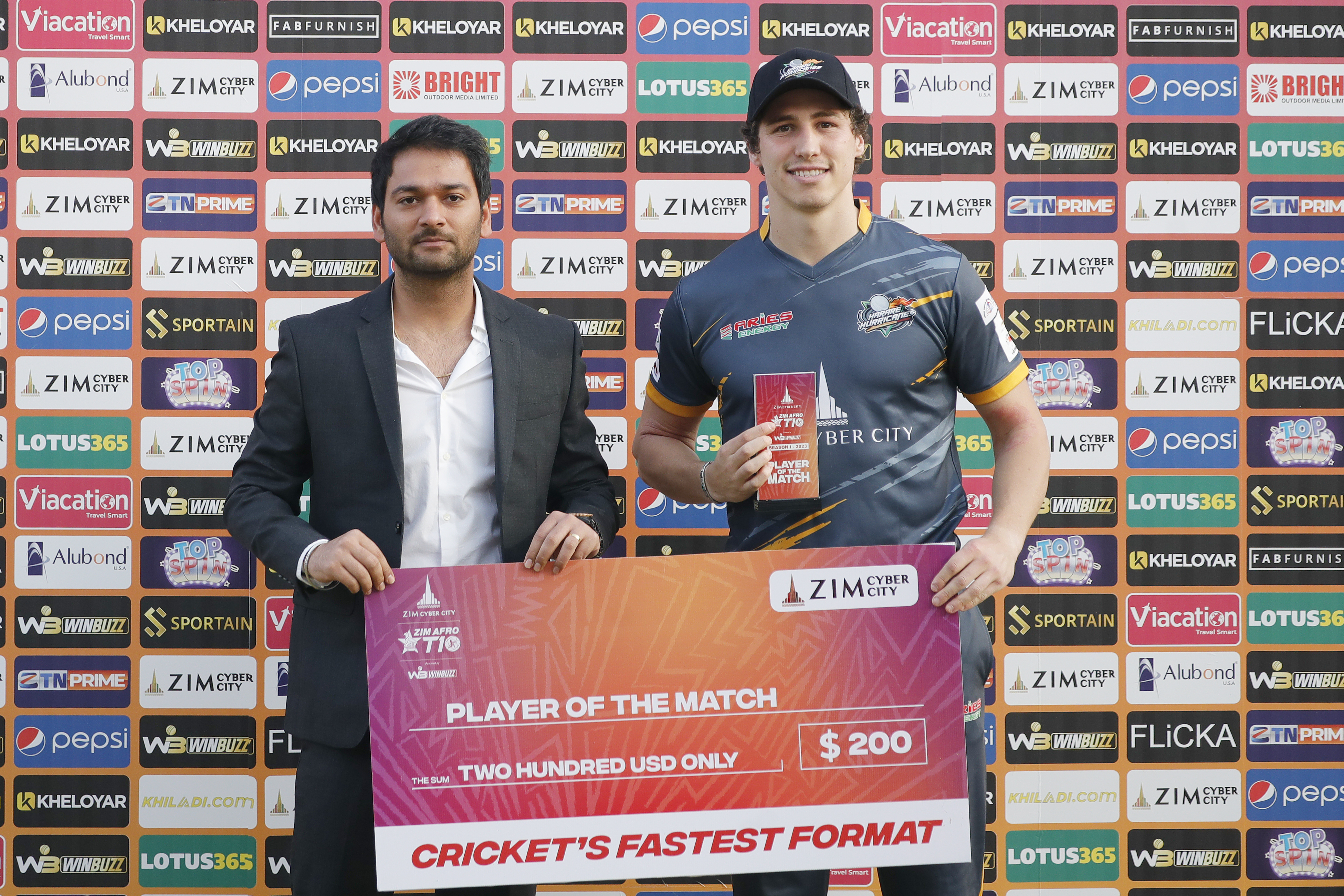 Nandre Burger of Harare Hurricanes with Player of the Match award during match 10 of the Zim Afro T10 League between the Harare Hurricanes and the Joburg Buffaloes held at the Harare Sports Club in the Zimbabwe on the 24th July 2023Photo by SAIKAT DAS / ACEIMAGES for Zim Afro T10