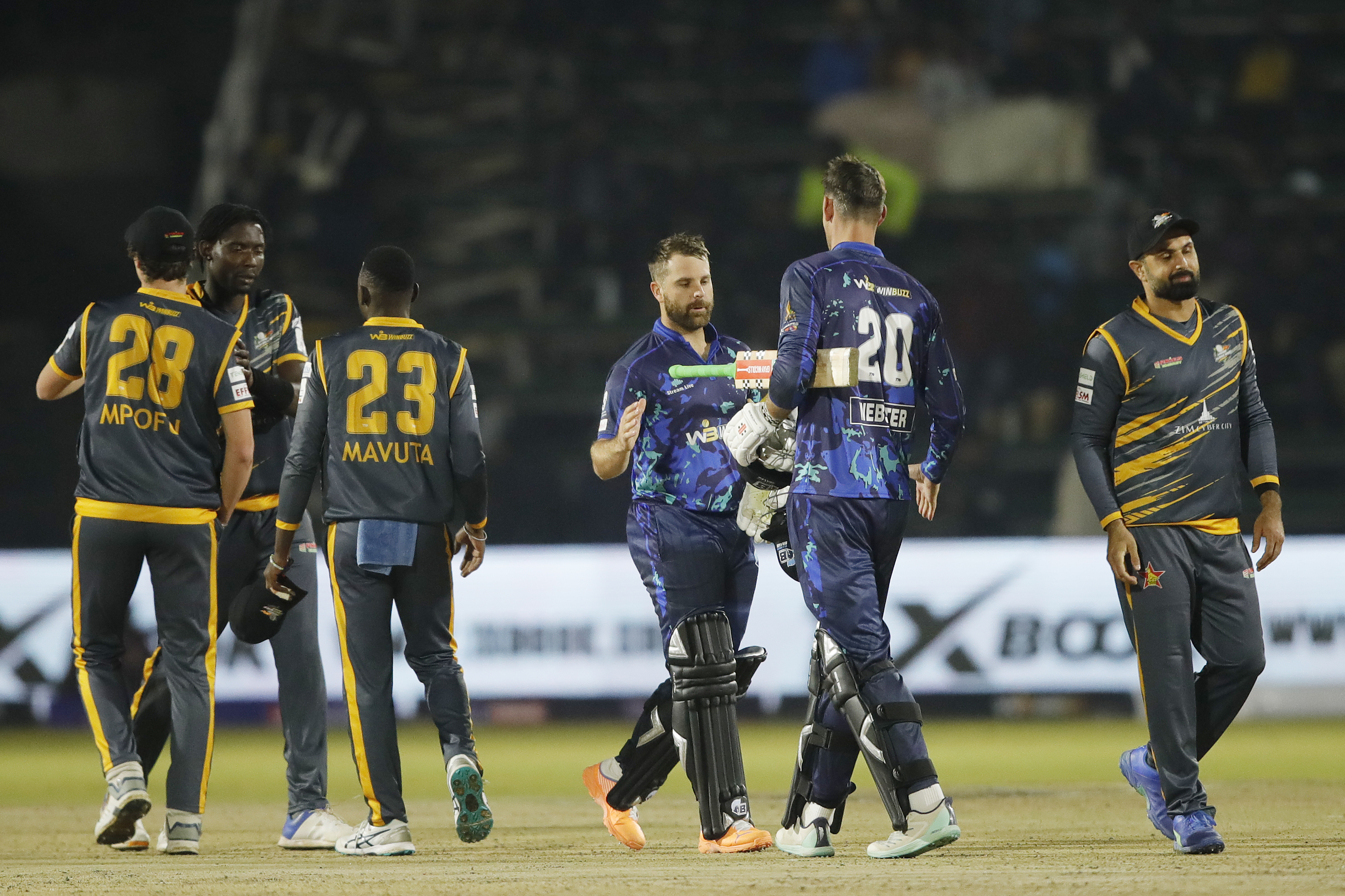 Bulawayo Braves celebrating win during match 12 of the Zim Afro T10 League between the Bulawayo Braves and the Harare Hurricanes at the Harare Sports Club in the Zimbabwe on the 24th July 2023Photo by Saikat Das / ACEIMAGES for Zim Afro T10
