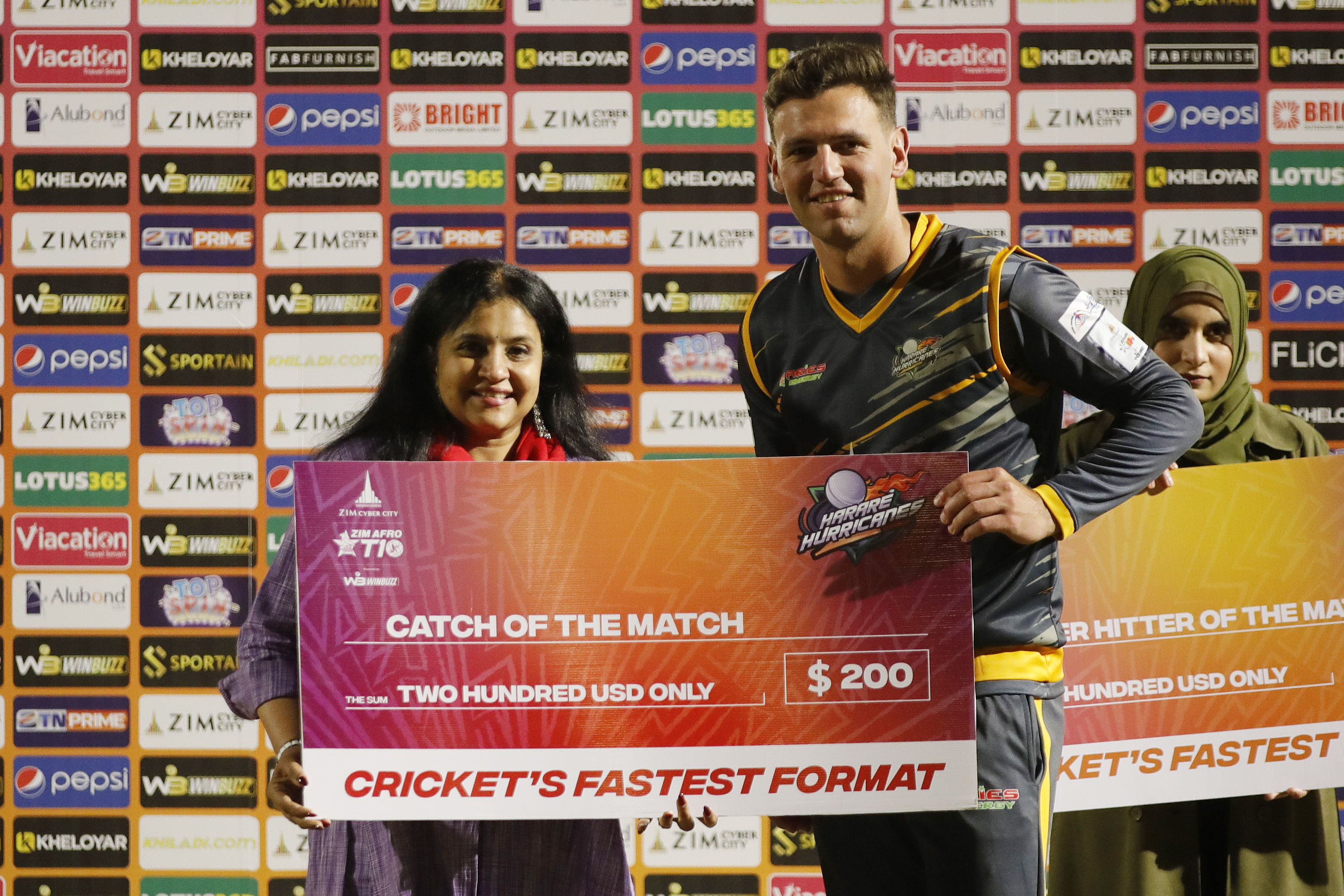 Donovon Ferraira of Harare Hurricanes with Catch of the Match Award during match 12 of the Zim Afro T10 League between the Bulawayo Braves and the Harare Hurricanes at the Harare Sports Club in the Zimbabwe on the 24th July 2023Photo by Saikat Das / ACEIMAGES for Zim Afro T10
