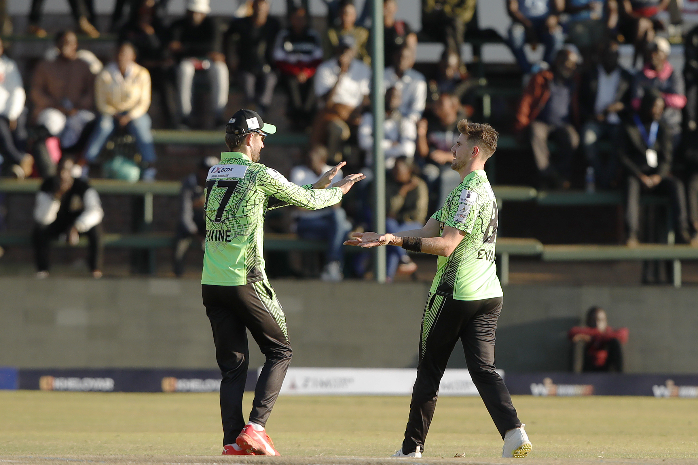 Brad Evans of Durban Qalandars celebrating the wicket during match 13 of the Zim Afro T10 League between the Joburg Buffaloes and the Durban Qalandars at the Harare Sports Club in the Zimbabwe on the 25th July 2023Photo by Saikat Das / ACEIMAGES for Zim Afro T10