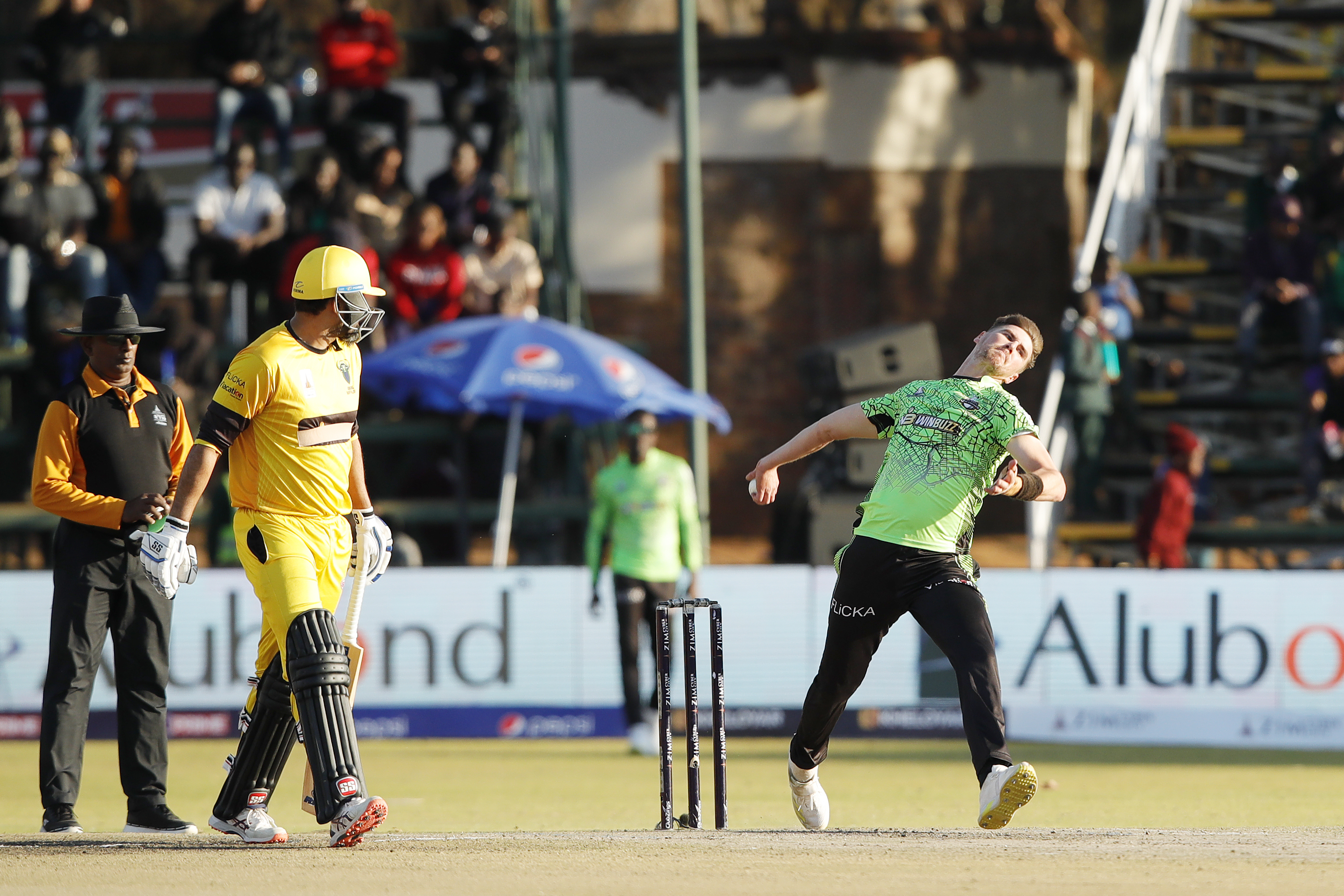 Brad Evans of Durban Qalandars bowling during match 13 of the Zim Afro T10 League between the Joburg Buffaloes and the Durban Qalandars at the Harare Sports Club in the Zimbabwe on the 25th July 2023Photo by Saikat Das / ACEIMAGES for Zim Afro T10