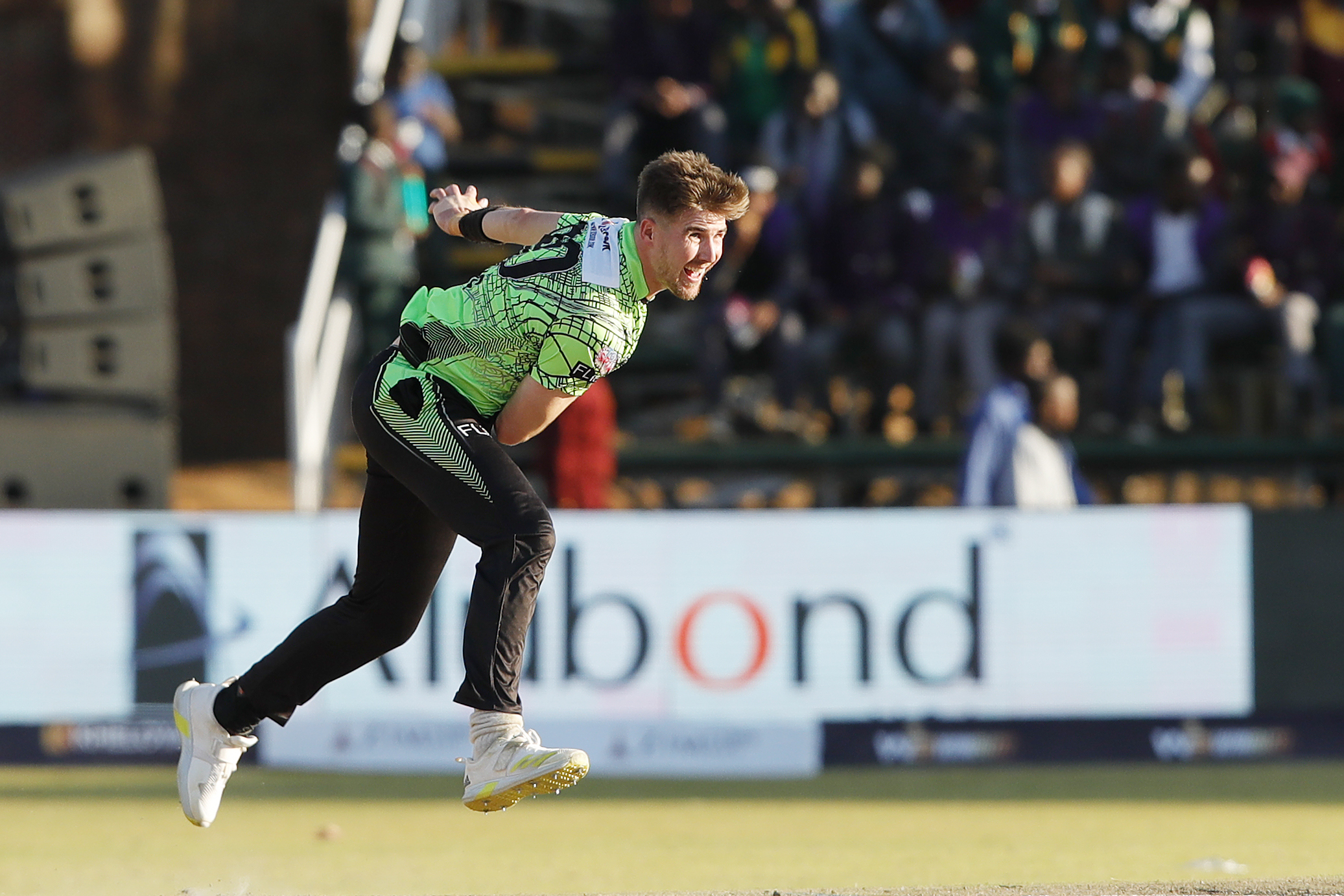 Brad Evans of Durban Qalandars bowling during match 13 of the Zim Afro T10 League between the Joburg Buffaloes and the Durban Qalandars at the Harare Sports Club in the Zimbabwe on the 25th July 2023Photo by Saikat Das / ACEIMAGES for Zim Afro T10