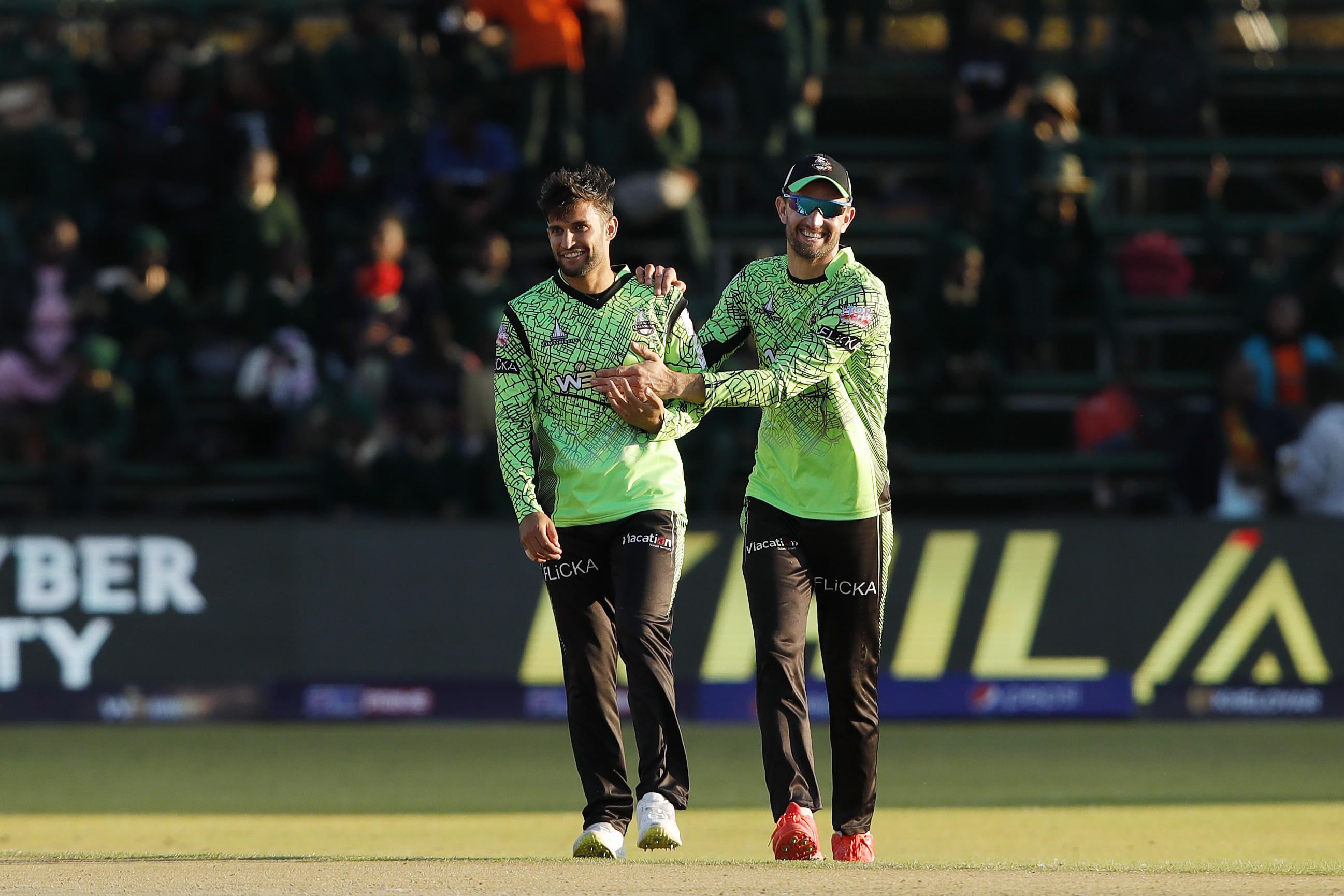 Durban Qalandars celebrating win during match 13 of the Zim Afro T10 League between the Joburg Buffaloes and the Durban Qalandars at the Harare Sports Club in the Zimbabwe on the 25th July 2023Photo by Saikat Das / ACEIMAGES for Zim Afro T10