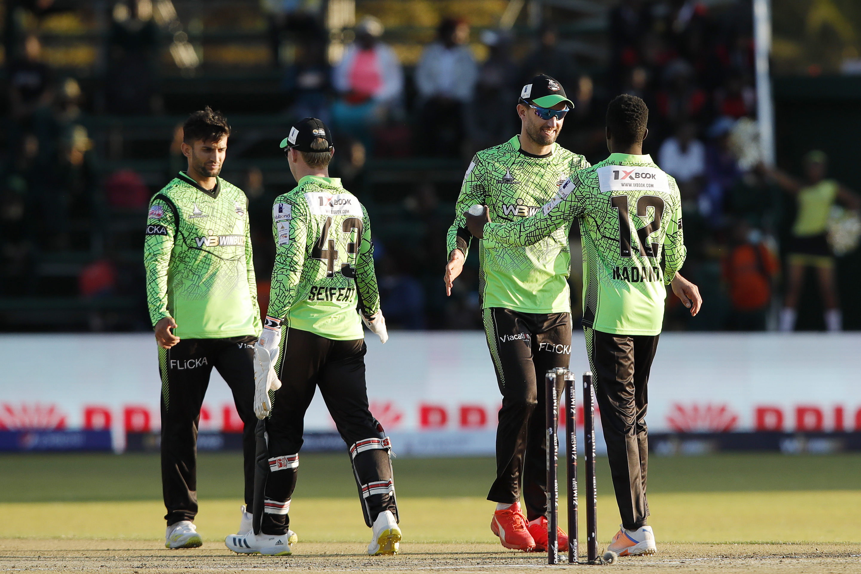 Durban Qalandars celebrating win during match 13 of the Zim Afro T10 League between the Joburg Buffaloes and the Durban Qalandars at the Harare Sports Club in the Zimbabwe on the 25th July 2023Photo by Saikat Das / ACEIMAGES for Zim Afro T10