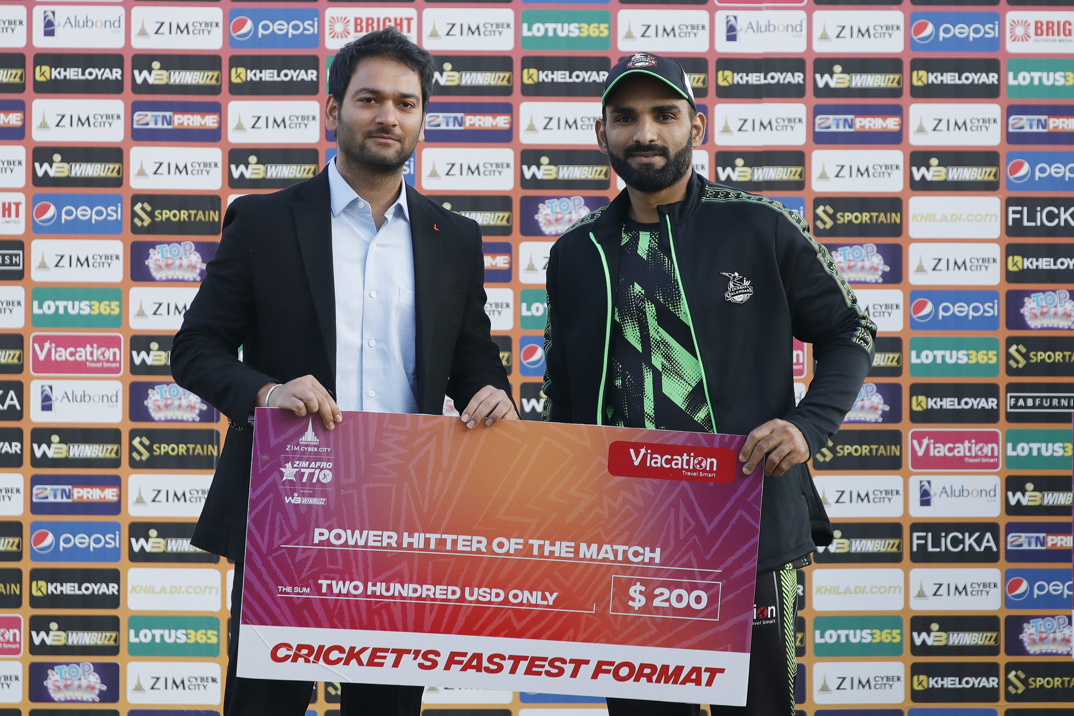 Asif Ali of Durban Qalandars with Power Hitter of the Match award during match 13 of the Zim Afro T10 League between the Joburg Buffaloes and the Durban Qalandars at the Harare Sports Club in the Zimbabwe on the 25th July 2023Photo by Saikat Das / ACEIMAGES for Zim Afro T10