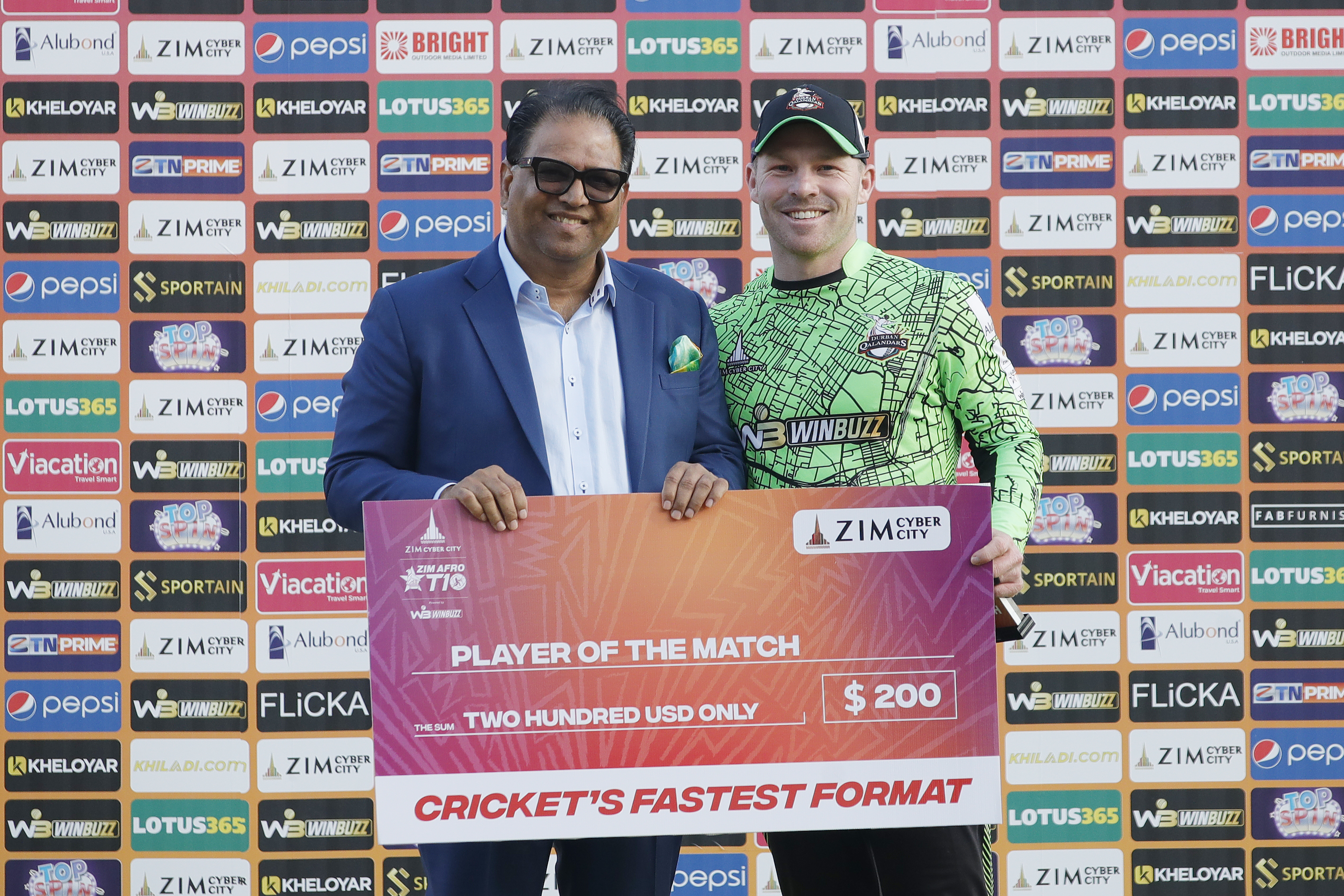 Tim Sifert of Durban Qalandars with Player of the Match awardduring match 13 of the Zim Afro T10 League between the Joburg Buffaloes and the Durban Qalandars at the Harare Sports Club in the Zimbabwe on the 25th July 2023Photo by Saikat Das / ACEIMAGES for Zim Afro T10