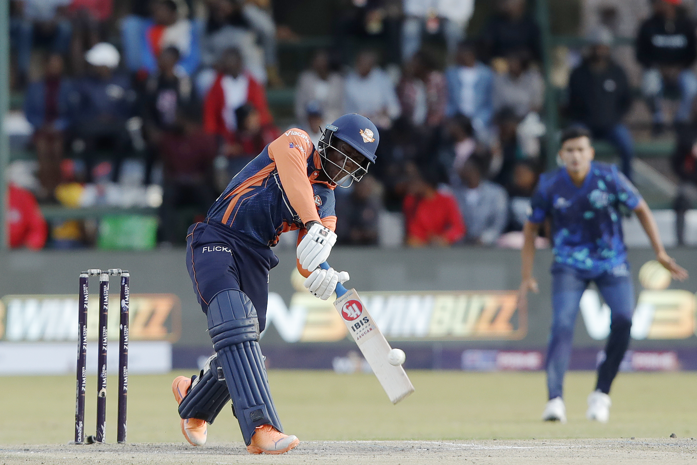 Tadshwani Marumani of Cape Town Samp Army hitting a over boundary during match 16 of the Zim Afro T10 League between the Cape Town Samp Army and the Bulawayo Braves at the Harare Sports Club in the Zimbabwe on the 26th July 2023Photo by Saikat Das / ACEIMAGES for Zim Afro T10