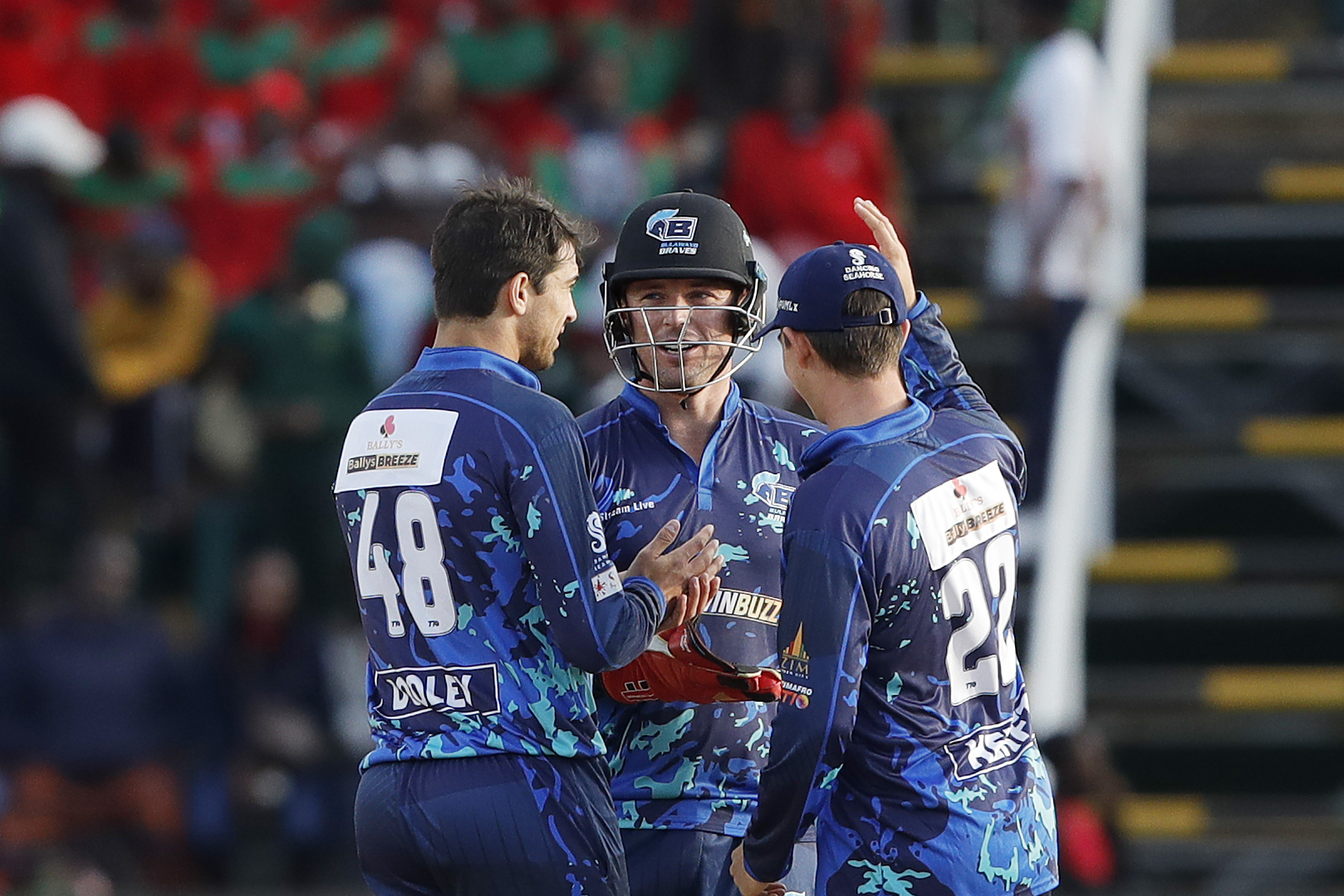 Bulawayo Braves celebrating the wicket of Bhanuka Rajapaksa of Cape Town Samp Army during match 16 of the Zim Afro T10 League between the Cape Town Samp Army and the Bulawayo Braves at the Harare Sports Club in the Zimbabwe on the 26th July 2023Photo by Saikat Das / ACEIMAGES for Zim Afro T10