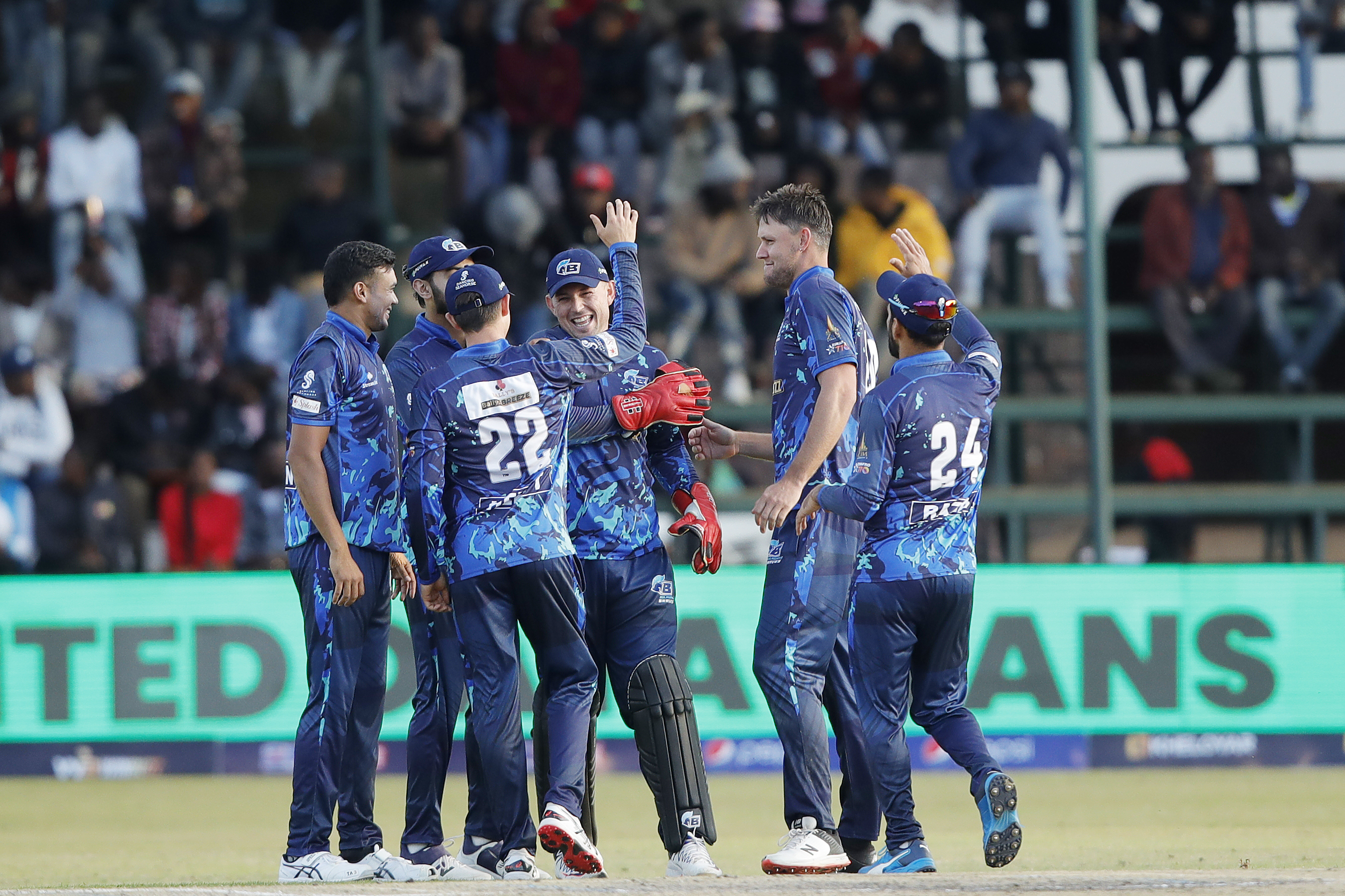 Bulawayo Braves celebrating the wicket of Tadshwani Marumani of Cape Town Samp Army during match 16 of the Zim Afro T10 League between the Cape Town Samp Army and the Bulawayo Braves at the Harare Sports Club in the Zimbabwe on the 26th July 2023Photo by Saikat Das / ACEIMAGES for Zim Afro T10