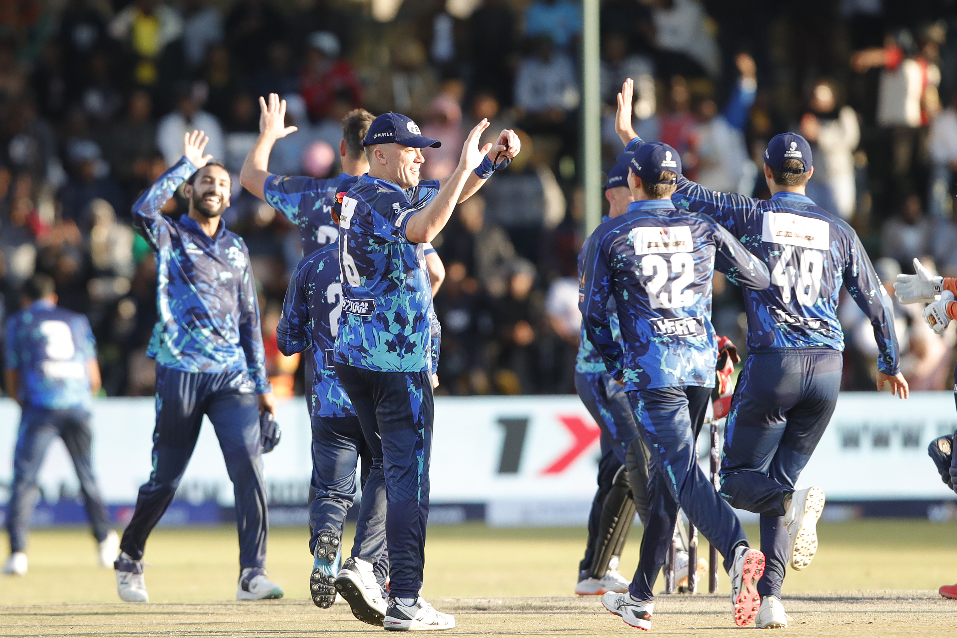 Bulawayo Braves celebrating win during match 16 of the Zim Afro T10 League between the Cape Town Samp Army and the Bulawayo Braves at the Harare Sports Club in the Zimbabwe on the 26th July 2023Photo by Saikat Das / ACEIMAGES for Zim Afro T10