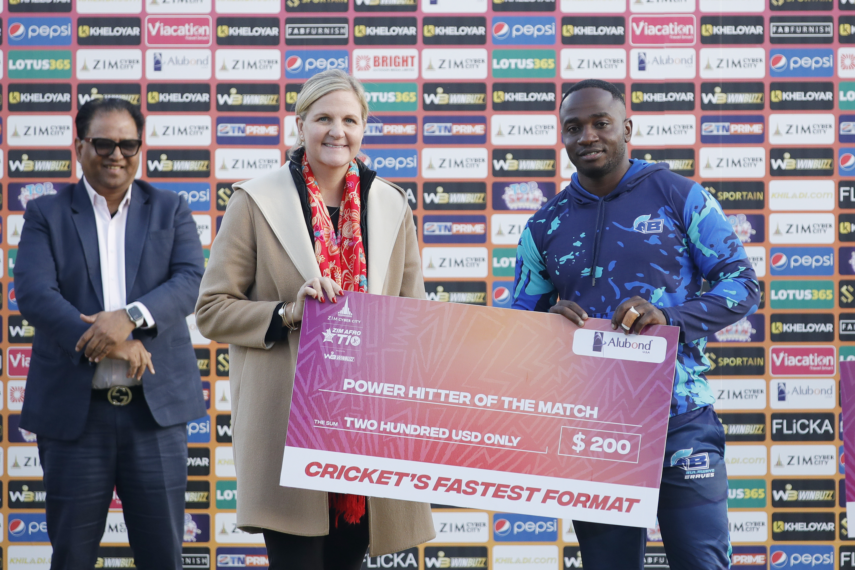 Innocent Kaia of Bulawayo Braves with Power Hitter of the Match award during match 16 of the Zim Afro T10 League between the Cape Town Samp Army and the Bulawayo Braves at the Harare Sports Club in the Zimbabwe on the 26th July 2023Photo by Saikat Das / ACEIMAGES for Zim Afro T10