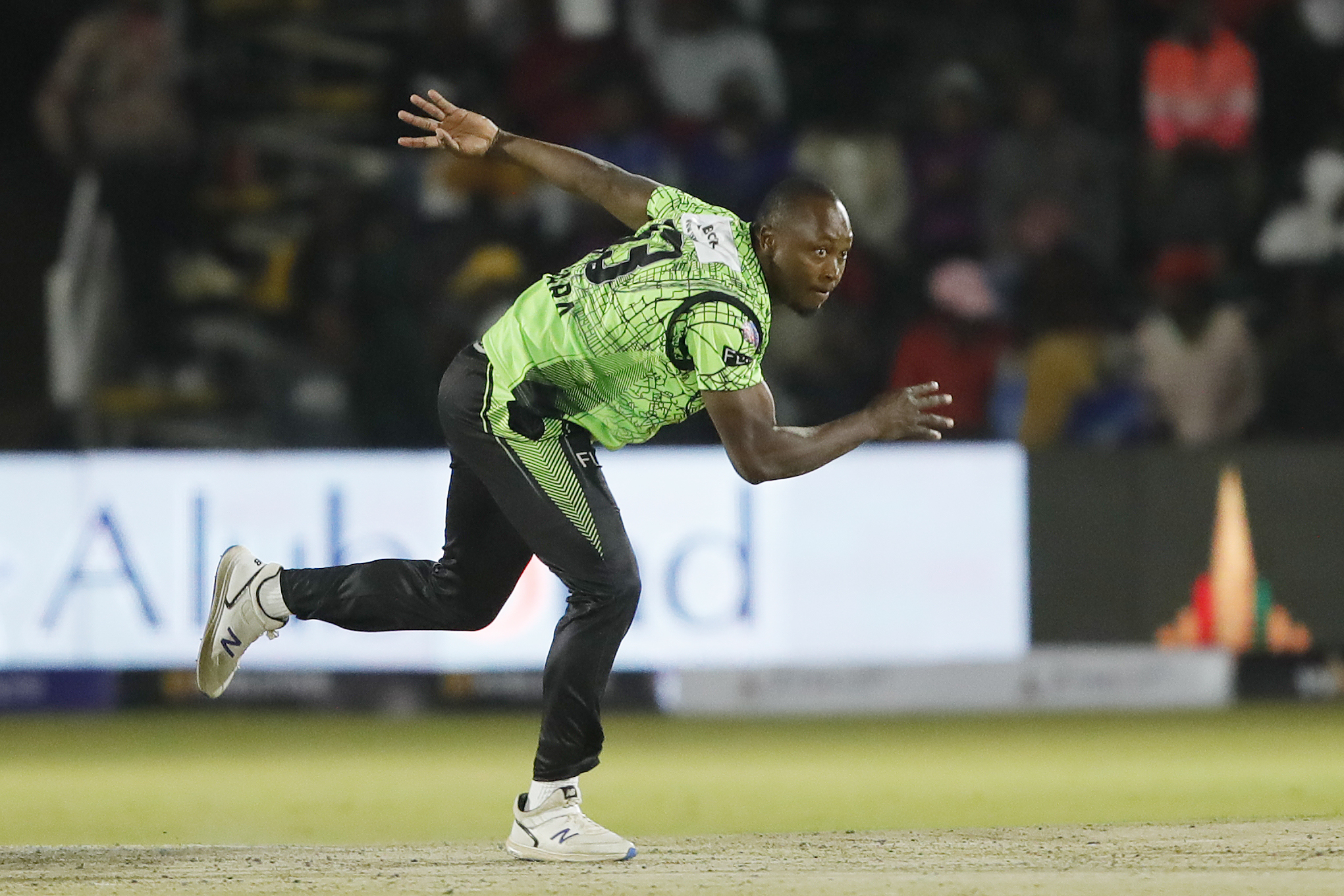 Tendai Chatara of Durban Qalandars bowling during match 19 of the Zim Afro T10 League between the Durban Qalandars and the Bulawayo Braves at the Harare Sports Club in the Zimbabwe on the 27th July 2023Photo by Saikat Das / ACEIMAGES for Zim Afro T10