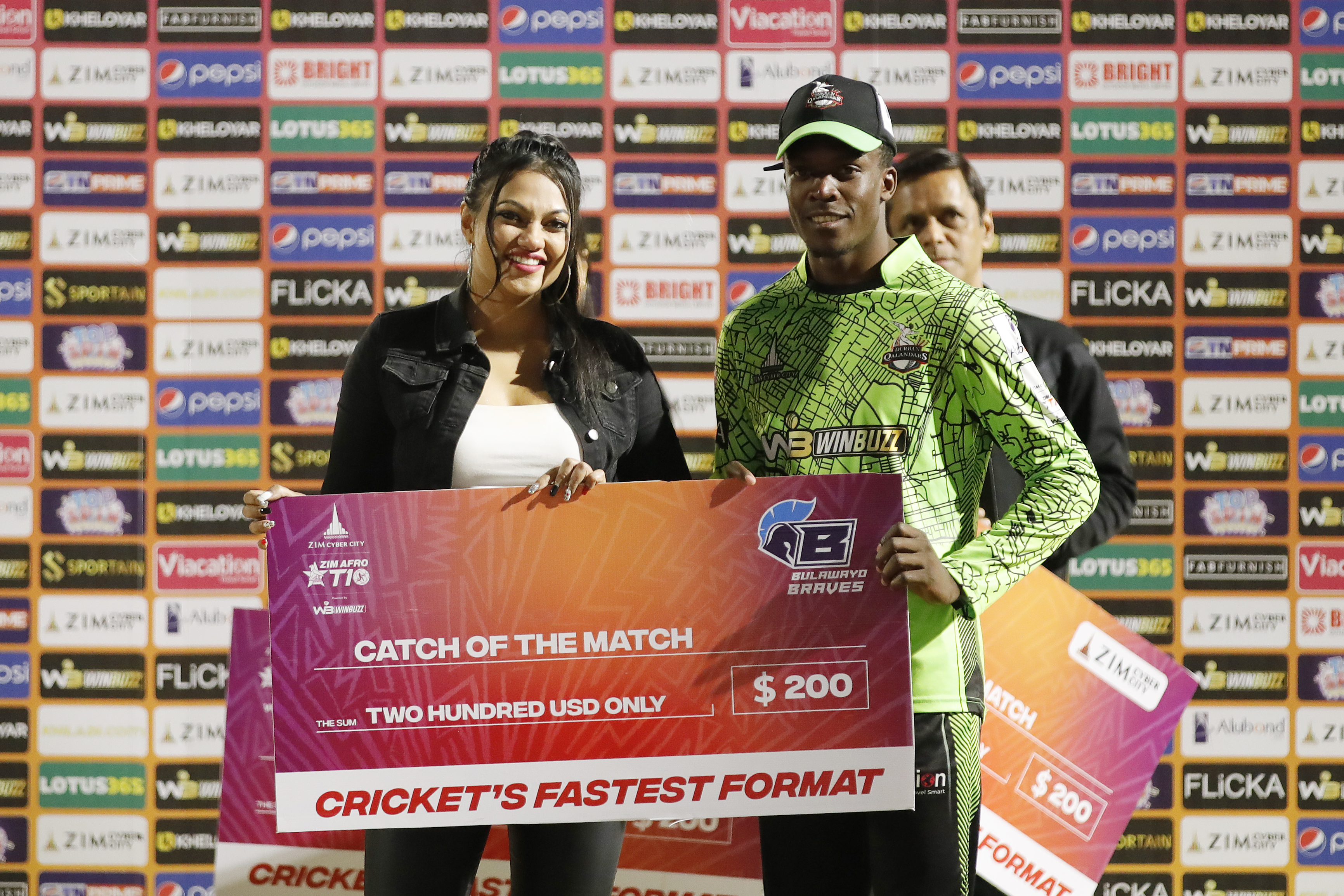 Clive Madande of Durban Qalandars with Catch of the Match Award during match 19 of the Zim Afro T10 League between the Durban Qalandars and the Bulawayo Braves at the Harare Sports Club in the Zimbabwe on the 27th July 2023Photo by Saikat Das / ACEIMAGES for Zim Afro T10