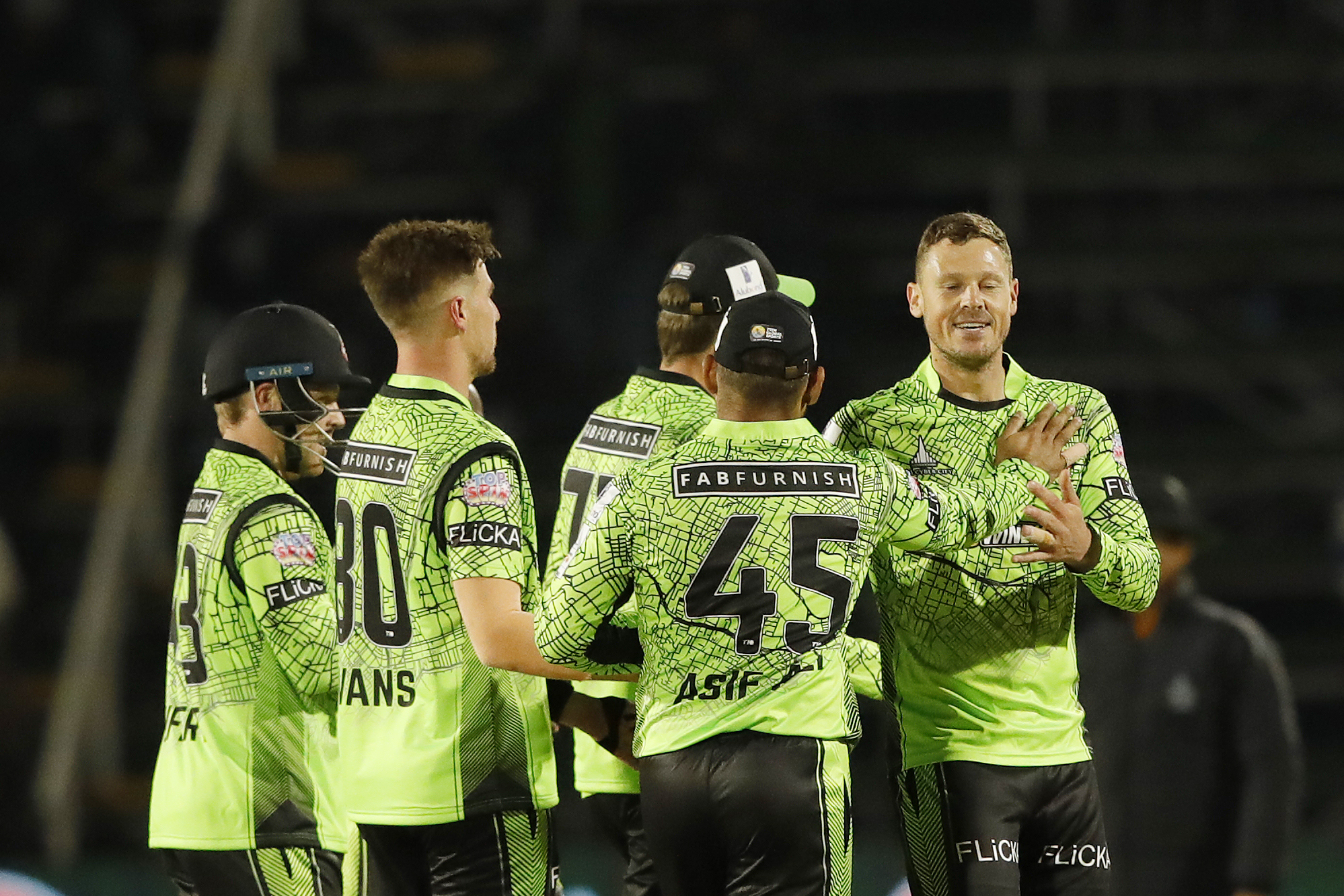 Durban Qalandars celebrating the wicket of Rahmanullah Gurbaz of Cape Town Samp Army during match 2 of the Zim Afro T10 League between the Durban Qalandars and the CapeTown Samp Army held at the Harare Sports Club in the Zimbabwe on the 21st July 2023Photo by Saikat Das / ACEIMAGES for Zim Afro T10