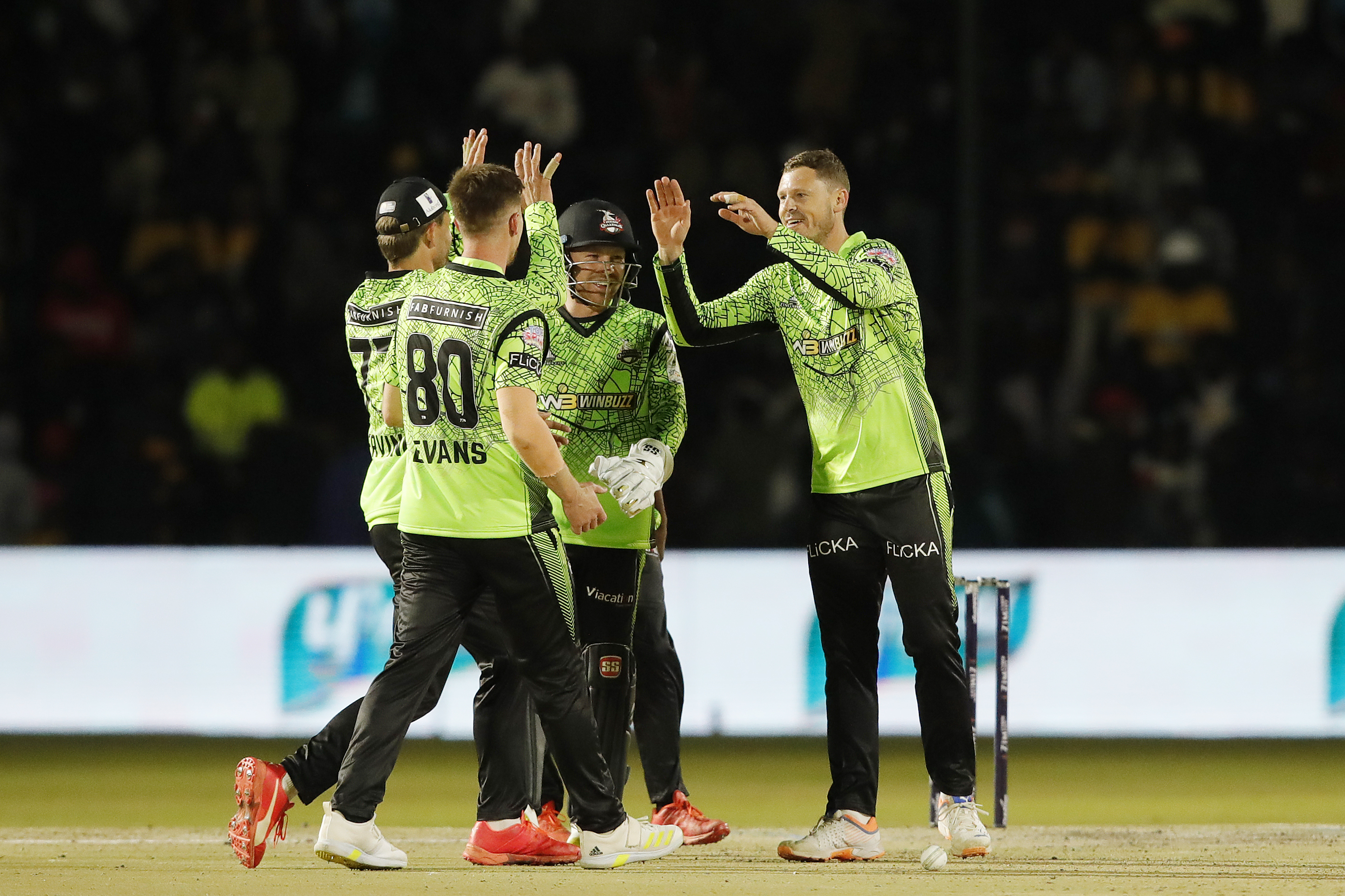 George Linde of Durban Qalandars celebrating the wicket of Shaun Williams of Cape Town Samp Army  during match 2 of the Zim Afro T10 League between the Durban Qalandars and the CapeTown Samp Army held at the Harare Sports Club in the Zimbabwe on the 21st July 2023Photo by Saikat Das / ACEIMAGES for Zim Afro T10