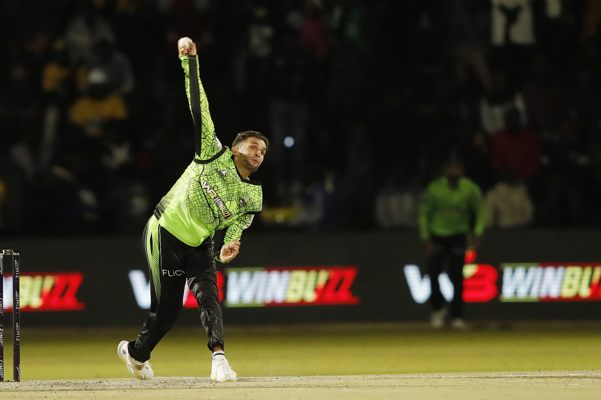 Azmatullah Omerzai of Durban Qalandars bowling during match 2 of the Zim Afro T10 League between the Durban Qalandars and the CapeTown Samp Army held at the Harare Sports Club in the Zimbabwe on the 21st July 2023Photo by Saikat Das / ACEIMAGES for Zim Afro T10