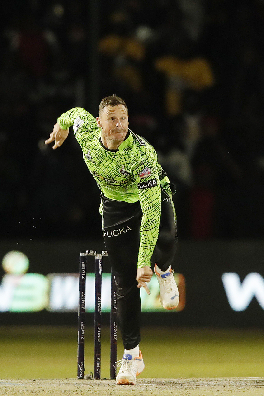 George Linde of Durban Qalandars bowling during match 2 of the Zim Afro T10 League between the Durban Qalandars and the CapeTown Samp Army held at the Harare Sports Club in the Zimbabwe on the 21st July 2023Photo by Saikat Das / ACEIMAGES for Zim Afro T10