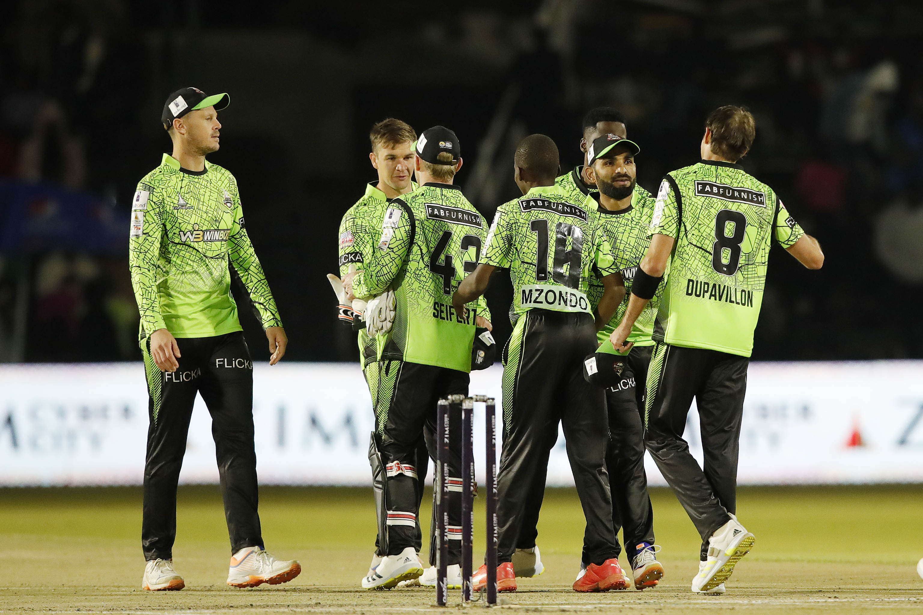 Durban Qalandars celebrating win during match 2 of the Zim Afro T10 League between the Durban Qalandars and the CapeTown Samp Army held at the Harare Sports Club in the Zimbabwe on the 21st July 2023Photo by Saikat Das / ACEIMAGES for Zim Afro T10