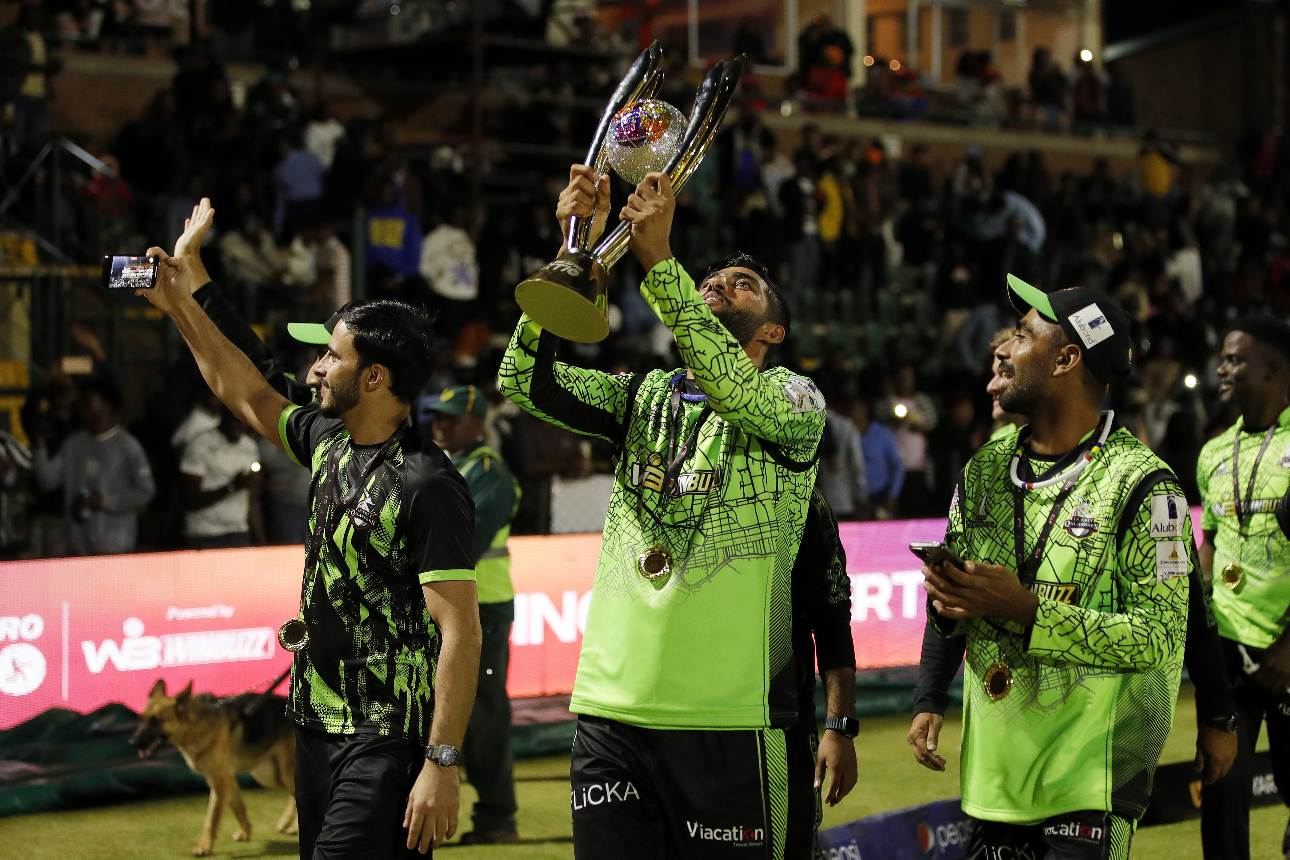Durban Qalandars celebrating win during final match  of the Zim Afro T10 League between the Joburg Buffaloes and the Durban Qalandars at the Harare Sports Club in the Zimbabwe on the 29th July 2023Photo by Saikat Das / ACEIMAGES for Zim Afro T10