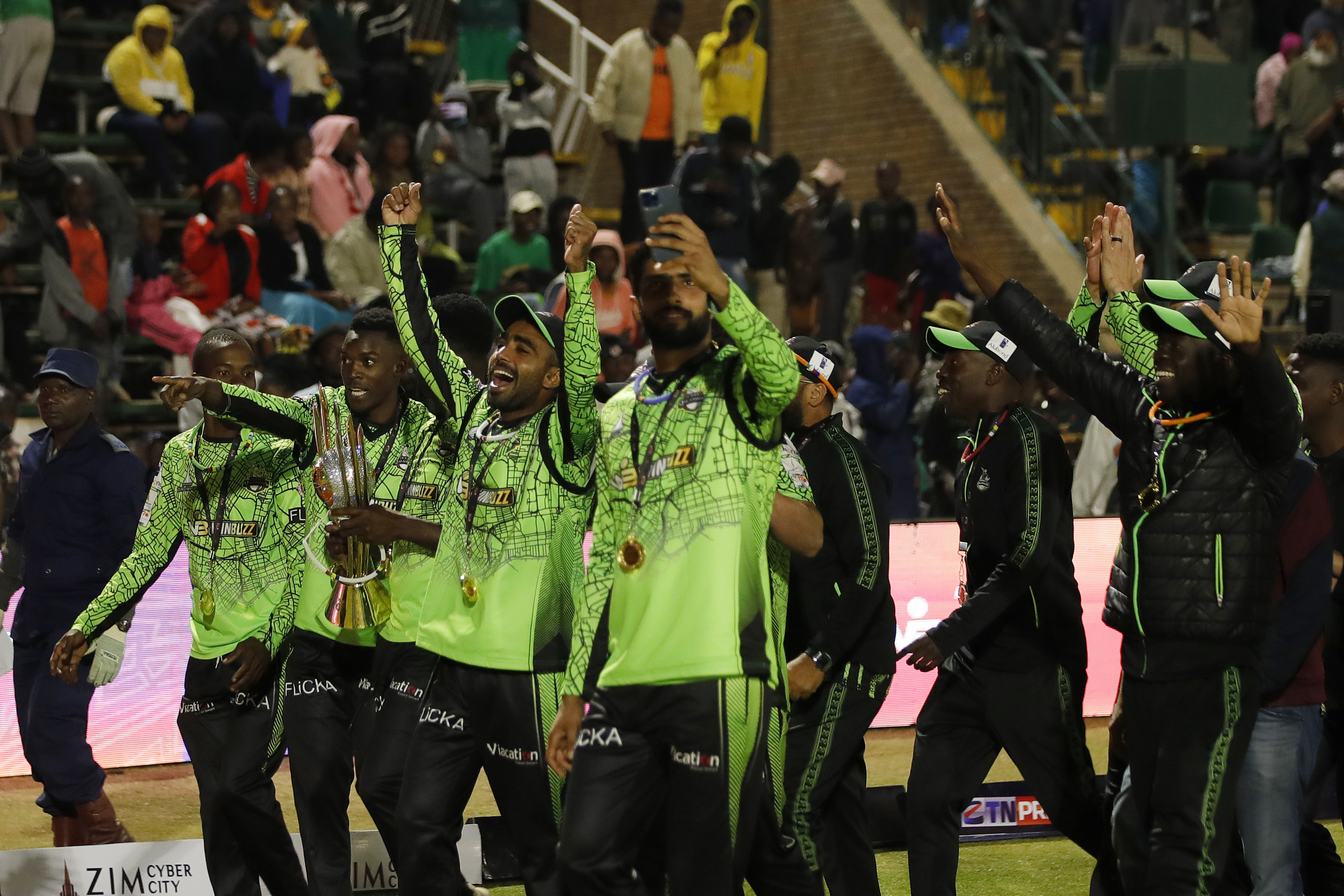 Durban Qalandars celebrating win during final match  of the Zim Afro T10 League between the Joburg Buffaloes and the Durban Qalandars at the Harare Sports Club in the Zimbabwe on the 29th July 2023Photo by Saikat Das / ACEIMAGES for Zim Afro T10
