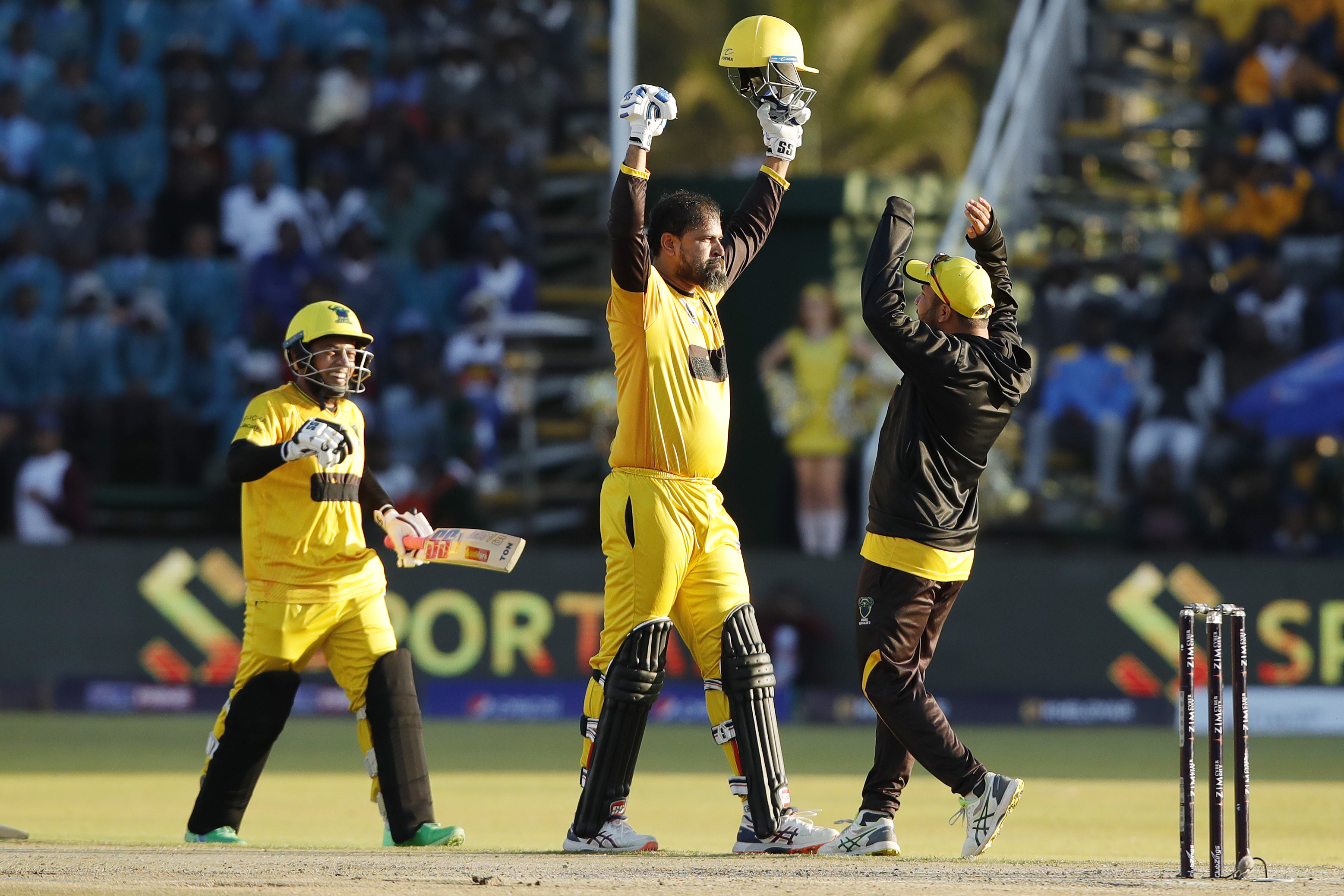 Yusuf Pathan of Joburg Buffaloes and Mushfiqur Rahim of Joburg Buffaloes celebrating win during match 21 1st Qualifier of the Zim Afro T10 League between the Durban Qalandars and the Joburg Buffaloes at the Harare Sports Club in the Zimbabwe on the 28th July 2023Photo by Saikat Das / ACEIMAGES for Zim Afro T10