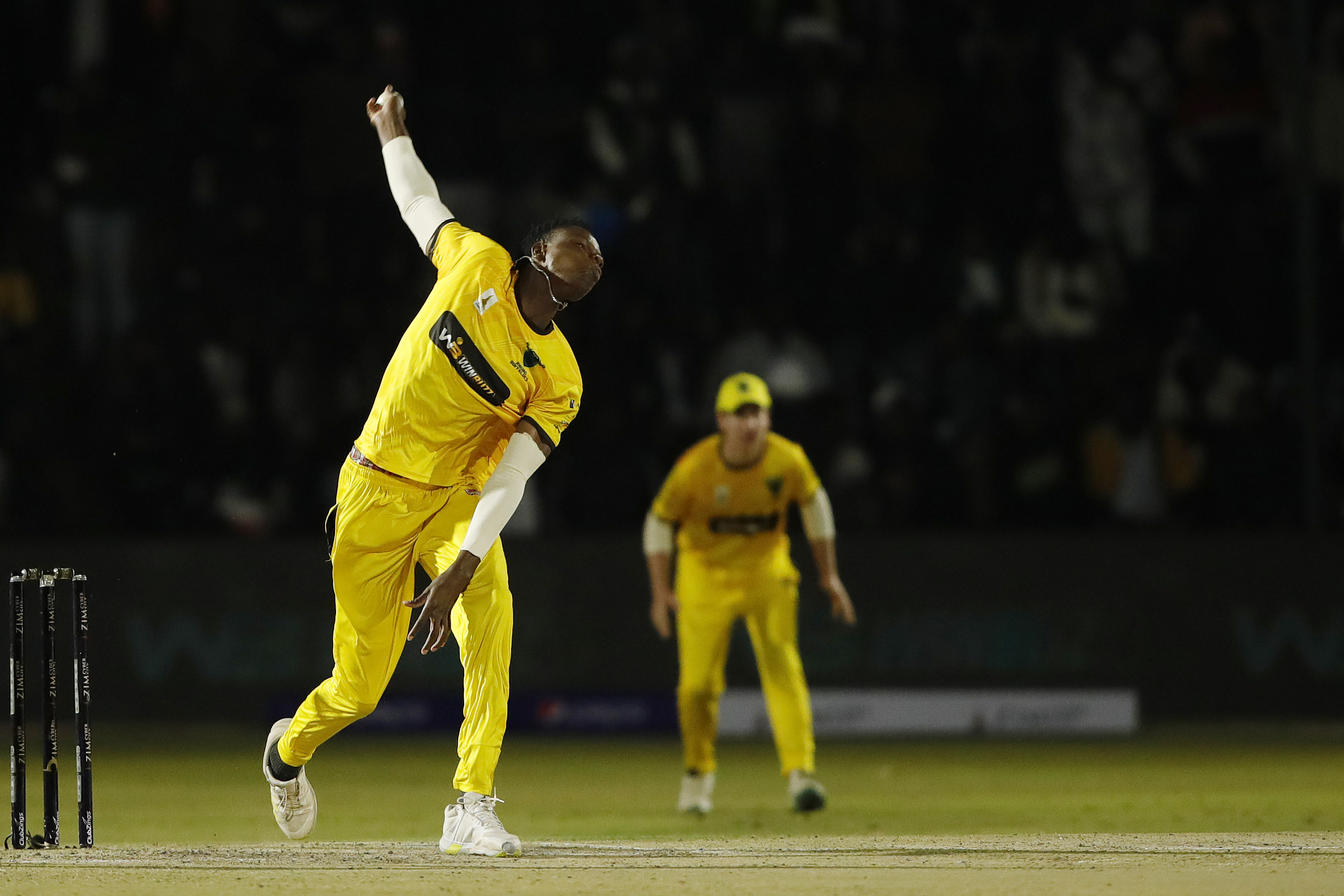 Blessing Muzarabani of Johannesburg Buffaloes bowling during match 5 of the Zim Afro T10 League between the Durban Qalandars and the Johannesburg Buffaloes held at the Harare Sports Club in the Zimbabwe on the 22nd July 2023Photo by Saikat Das / ACEIMAGES for Zim Afro T10