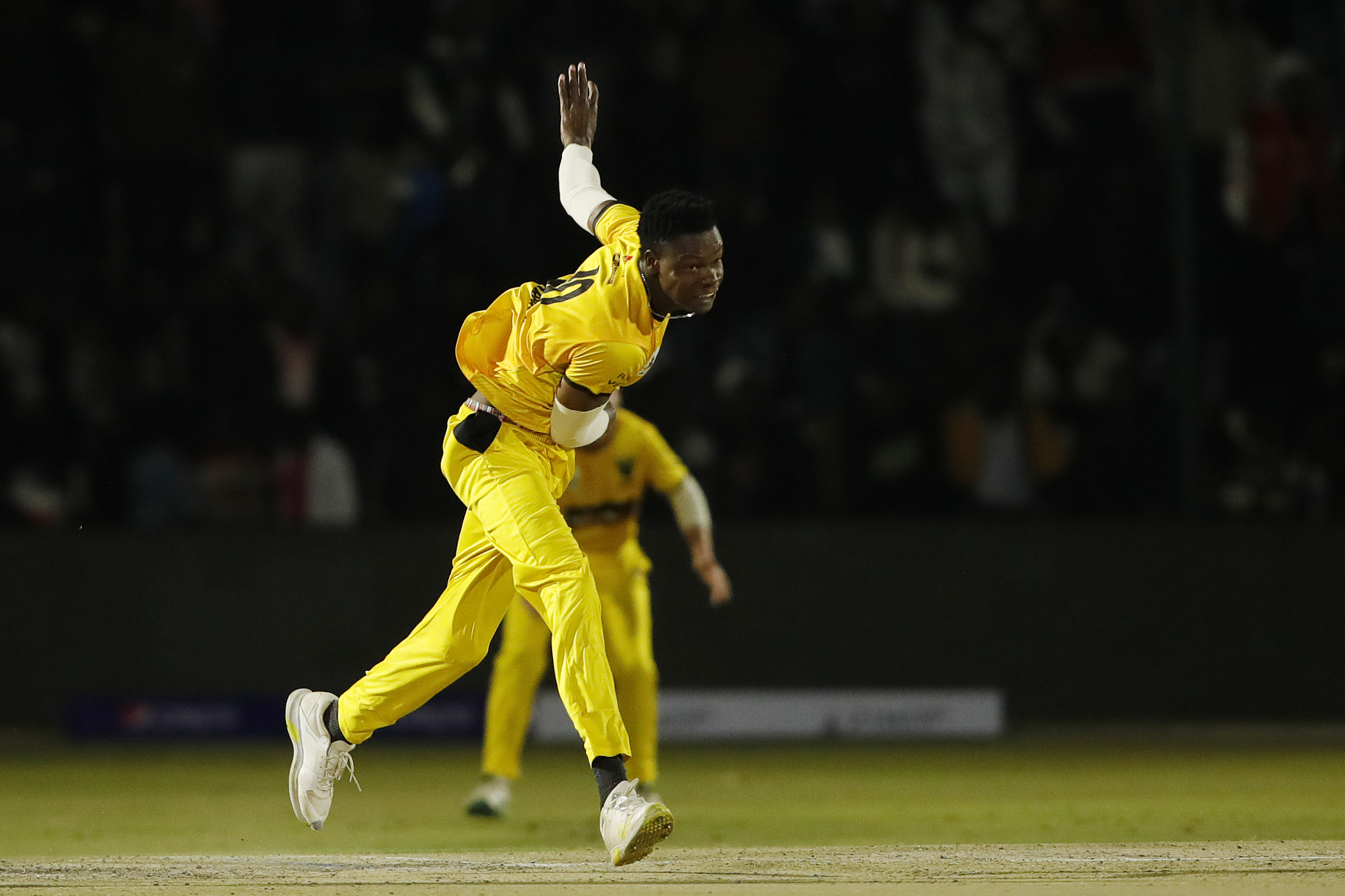 Blessing Muzarabani of Johannesburg Buffaloes bowling during match 5 of the Zim Afro T10 League between the Durban Qalandars and the Johannesburg Buffaloes held at the Harare Sports Club in the Zimbabwe on the 22nd July 2023Photo by Saikat Das / ACEIMAGES for Zim Afro T10