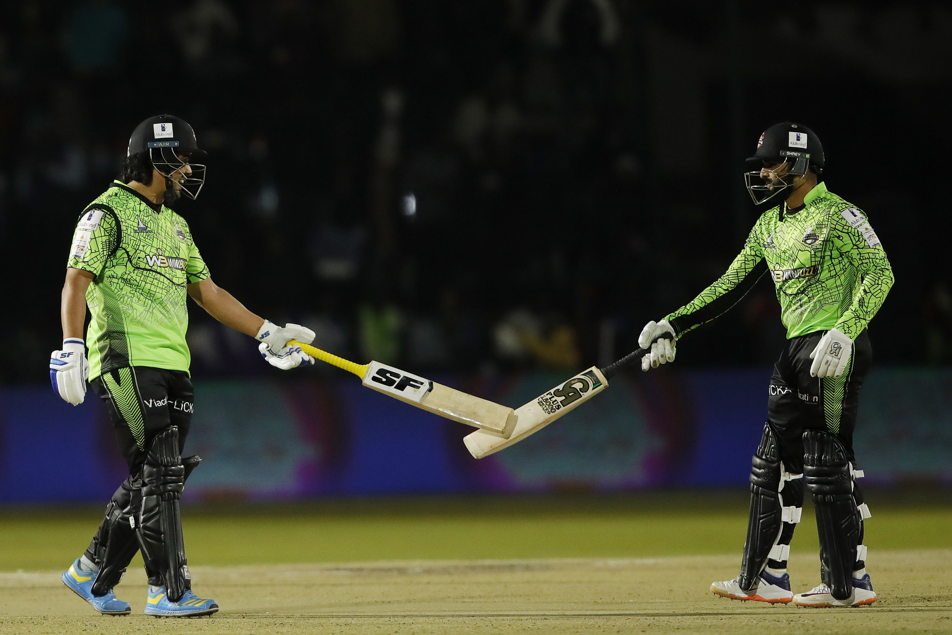 Hazratullah Zazai of Durban Qalandars and Asif Ali of Durban Qalandars during match 5 of the Zim Afro T10 League between the Durban Qalandars and the Johannesburg Buffaloes held at the Harare Sports Club in the Zimbabwe on the 22nd July 2023Photo by Saikat Das / ACEIMAGES for Zim Afro T10