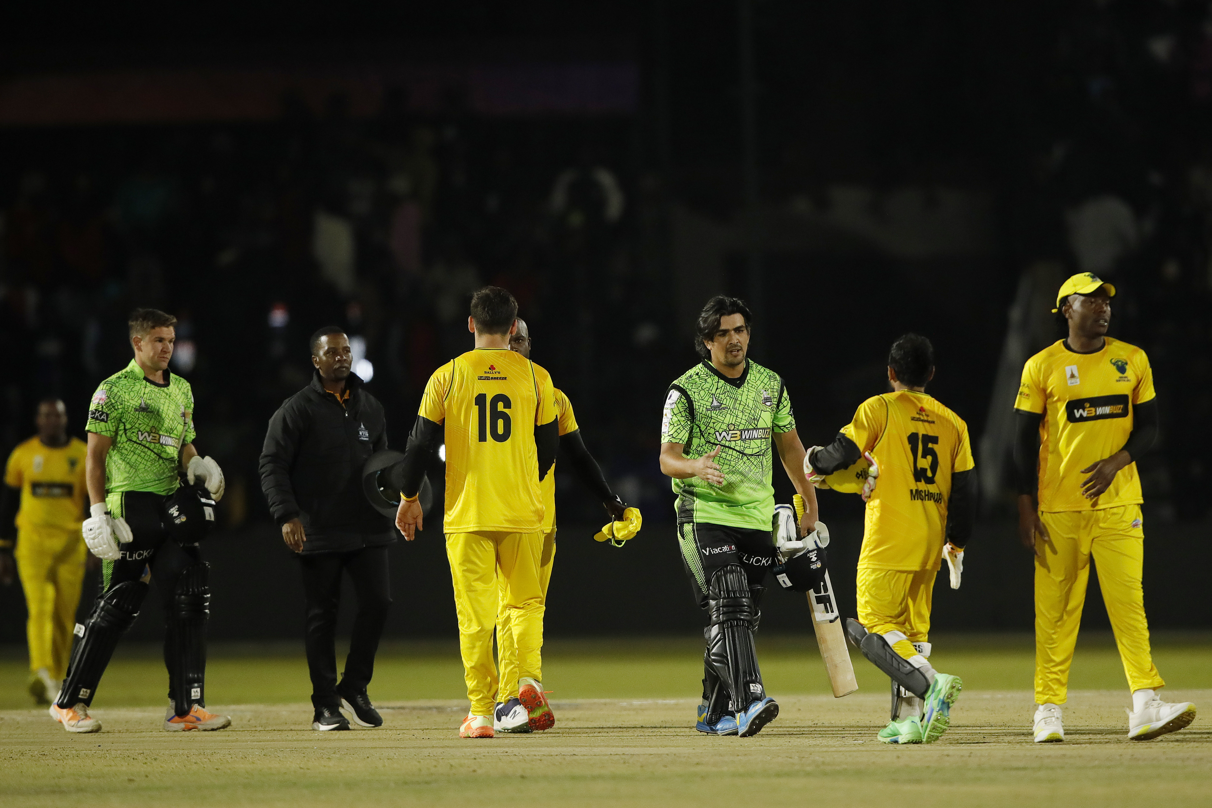 Durban Qalandars celebrating win during match 5 of the Zim Afro T10 League between the Durban Qalandars and the Johannesburg Buffaloes held at the Harare Sports Club in the Zimbabwe on the 22nd July 2023Photo by Saikat Das / ACEIMAGES for Zim Afro T10